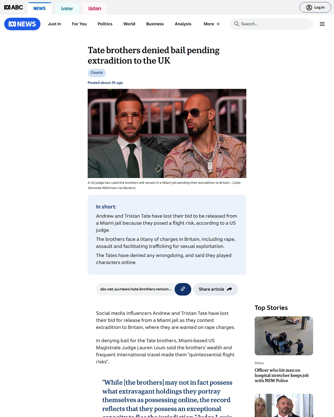 abc.net.au as published: US judge rules Tate brothers as flight risk in denying jail release
