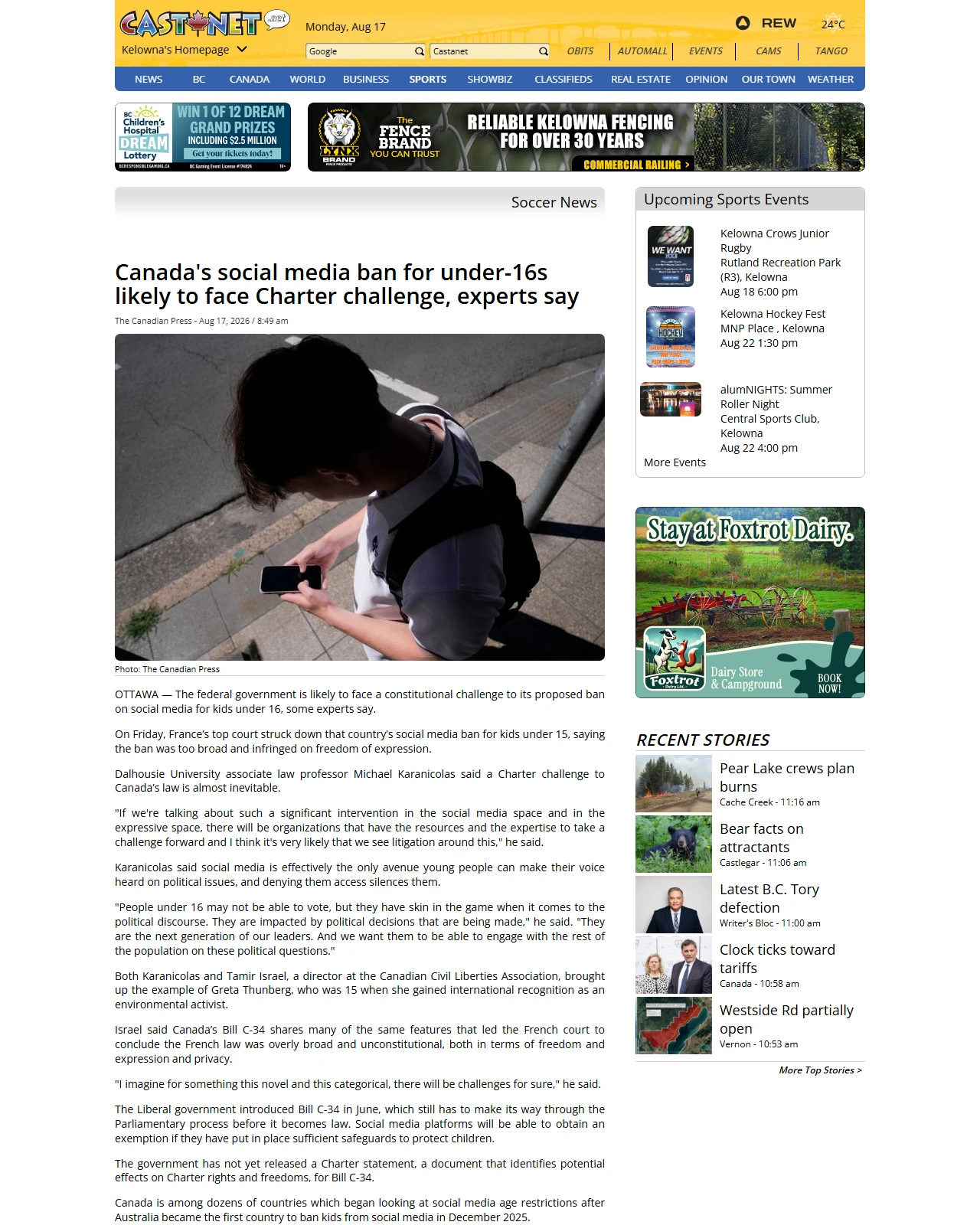 castanet.net as published: Canada's social media ban for under-16s likely to face Charter challenge, experts say