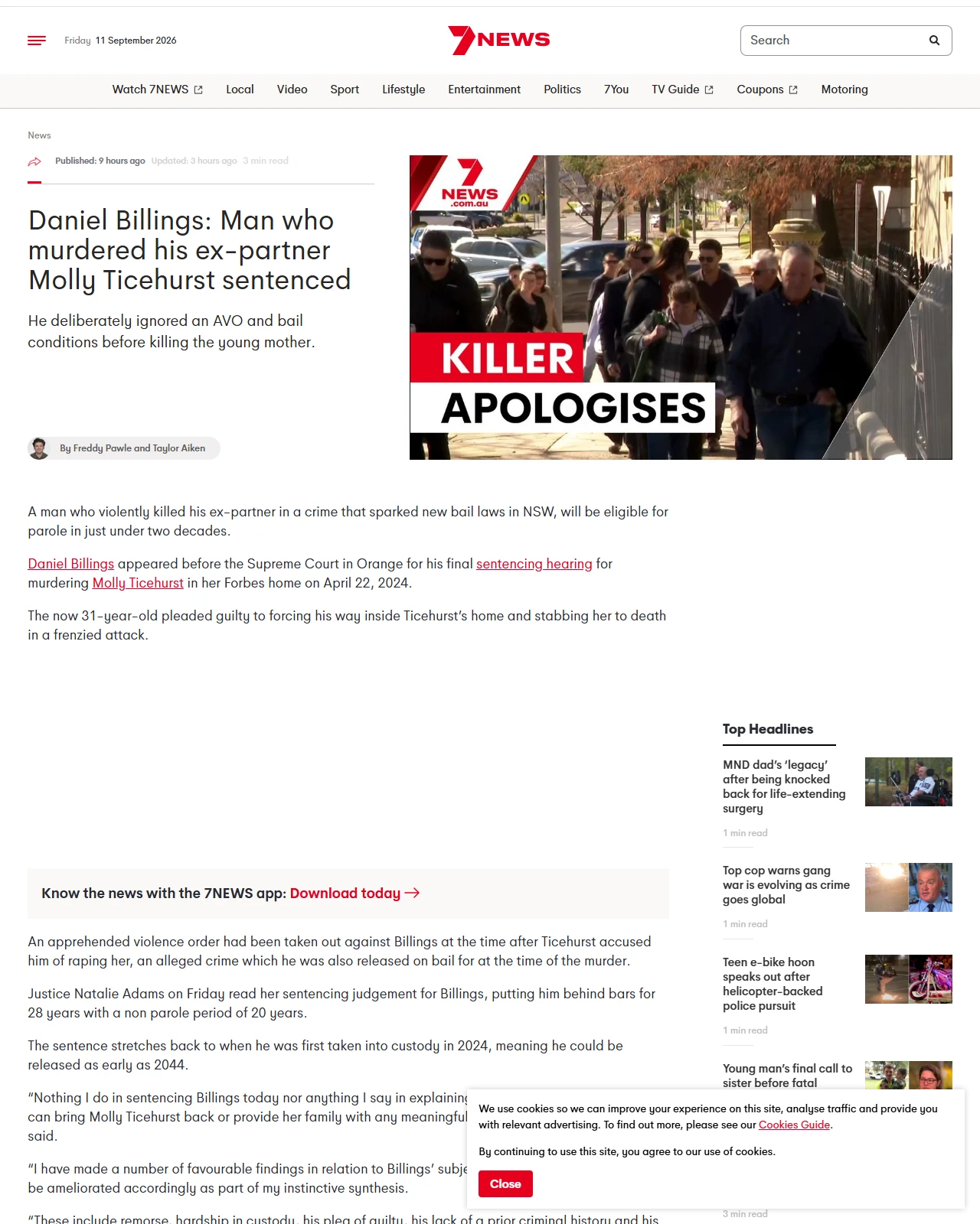 7news.com.au as published: Daniel Billings: Man who murdered his ex-partner Molly Ticehurst sentenced