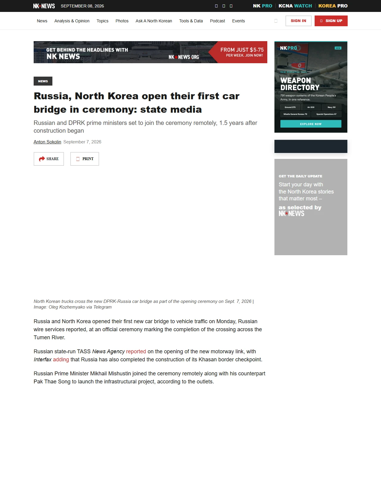 nknews.org as published: Russia, North Korea open their first car bridge in ceremony: state media