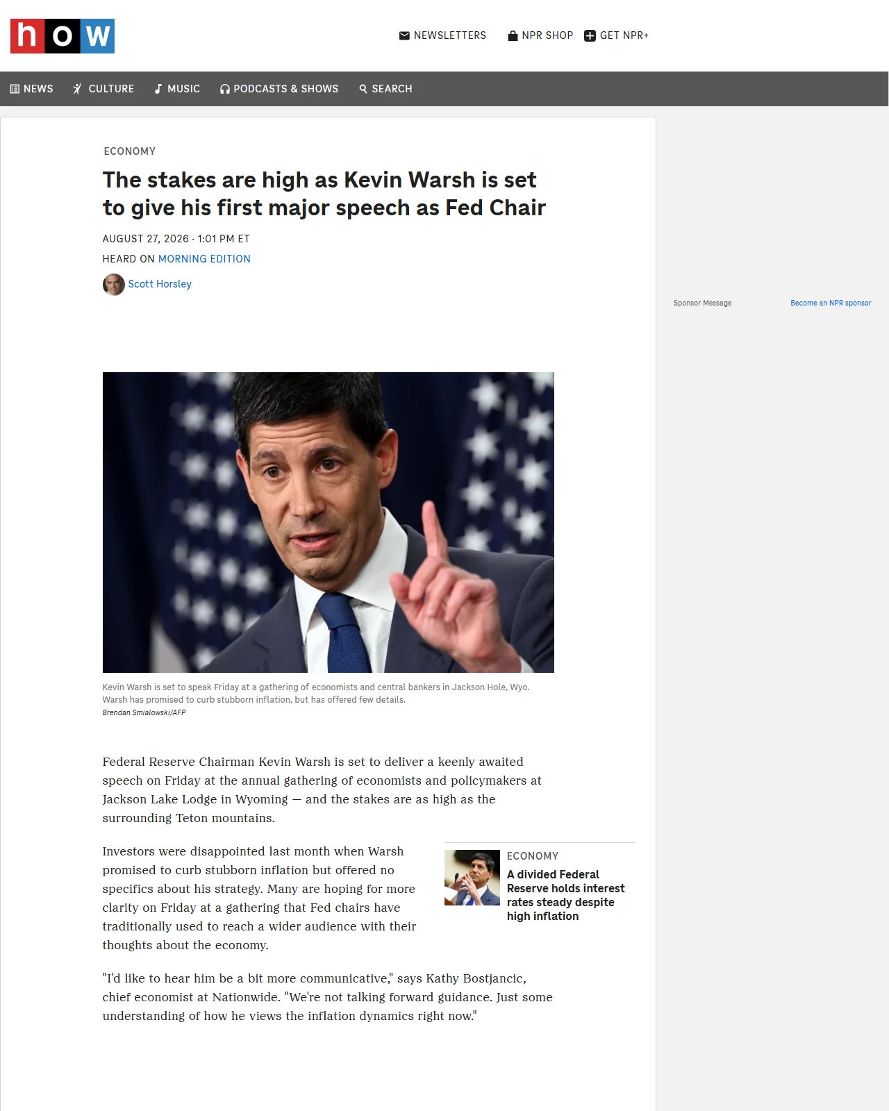 npr.org as published: The stakes are high as Kevin Warsh is set to give his first major speech as Fed Chair