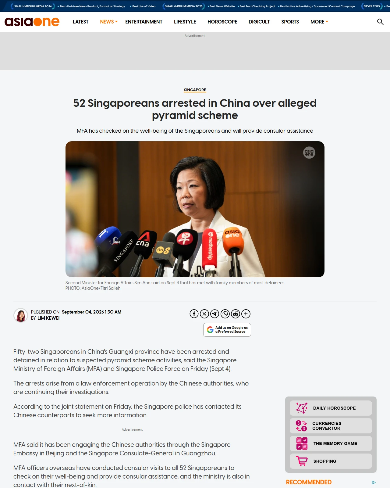 asiaone.com as published: 52 Singaporeans arrested in China over alleged pyramid scheme, Singapore News