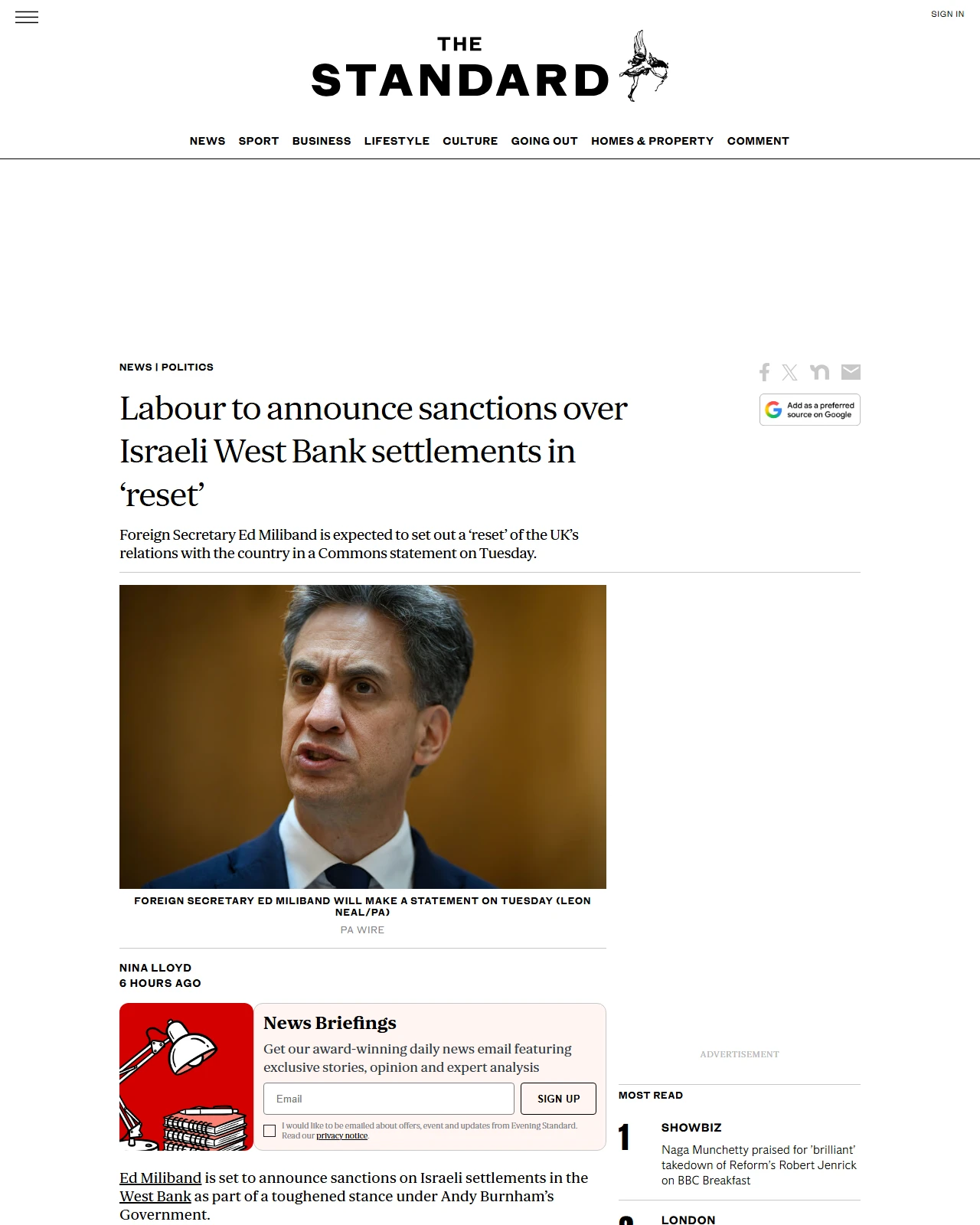 standard.co.uk as published: Labour to announce sanctions over Israeli West Bank settlements in ‘reset’