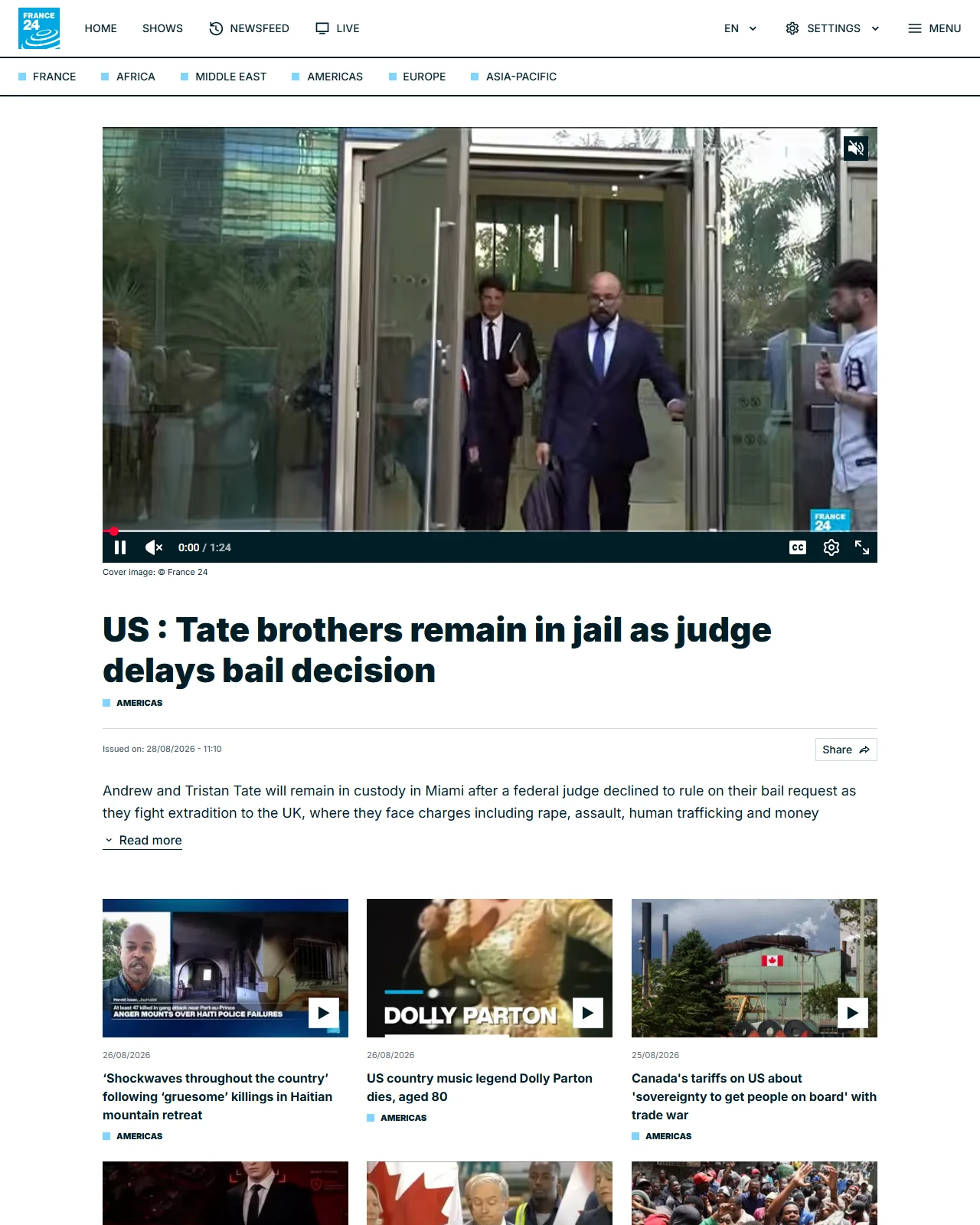 france24.com as published: US : Tate brothers remain in jail as judge delays bail decision