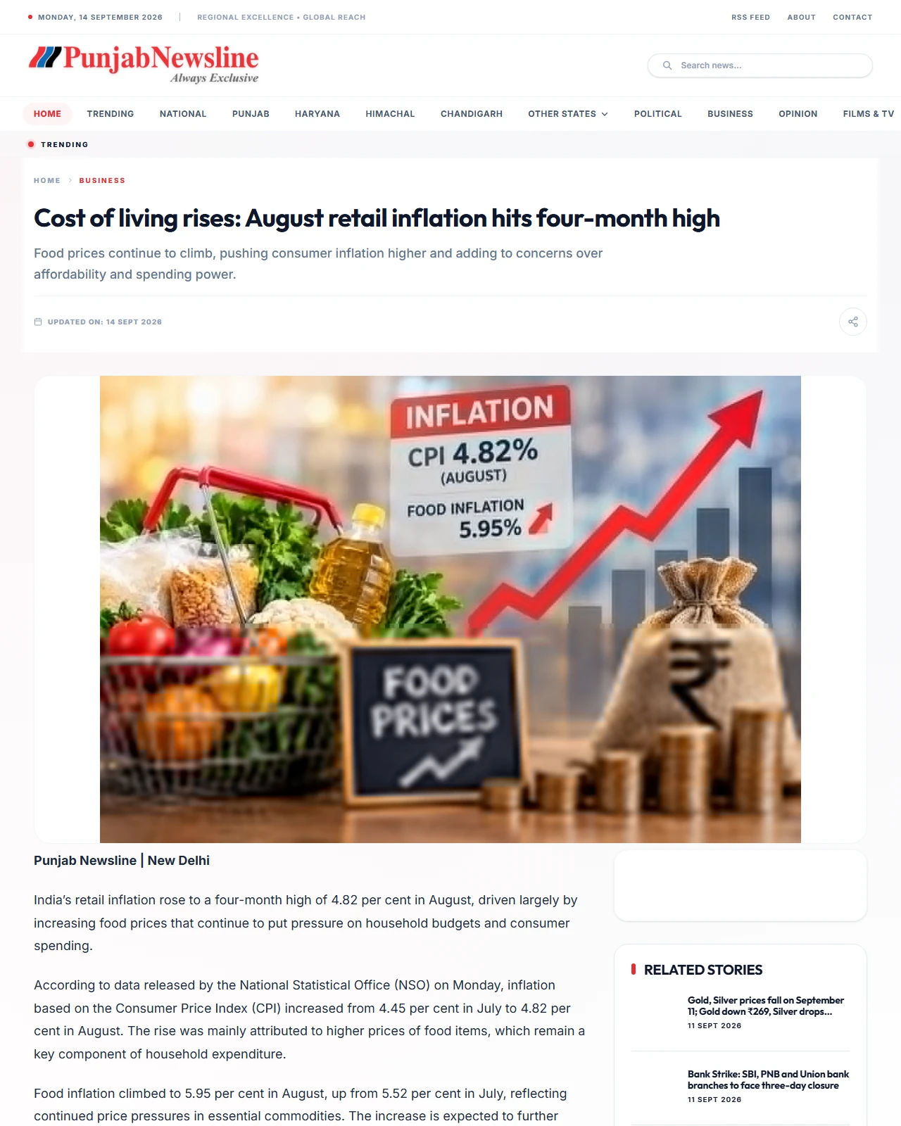 punjabnewsline.com as published: Cost of living rises: August retail inflation hits four-month high