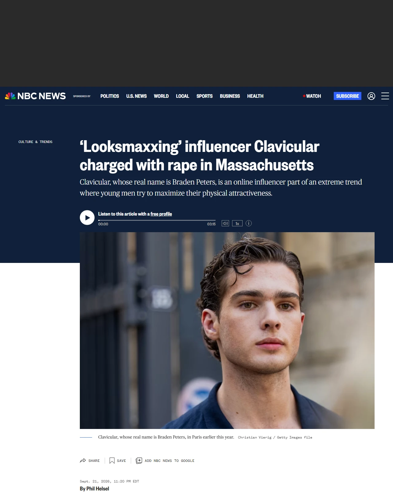 nbcnews.com as published: ‘Looksmaxxing’ influencer Clavicular charged with rape in Massachusetts