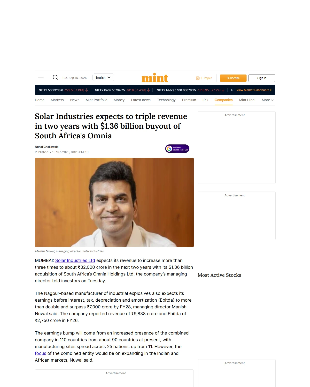 livemint.com as published: Solar Industries expects to triple revenue in two years with $1.36 billion buyout of South Africa's Omnia