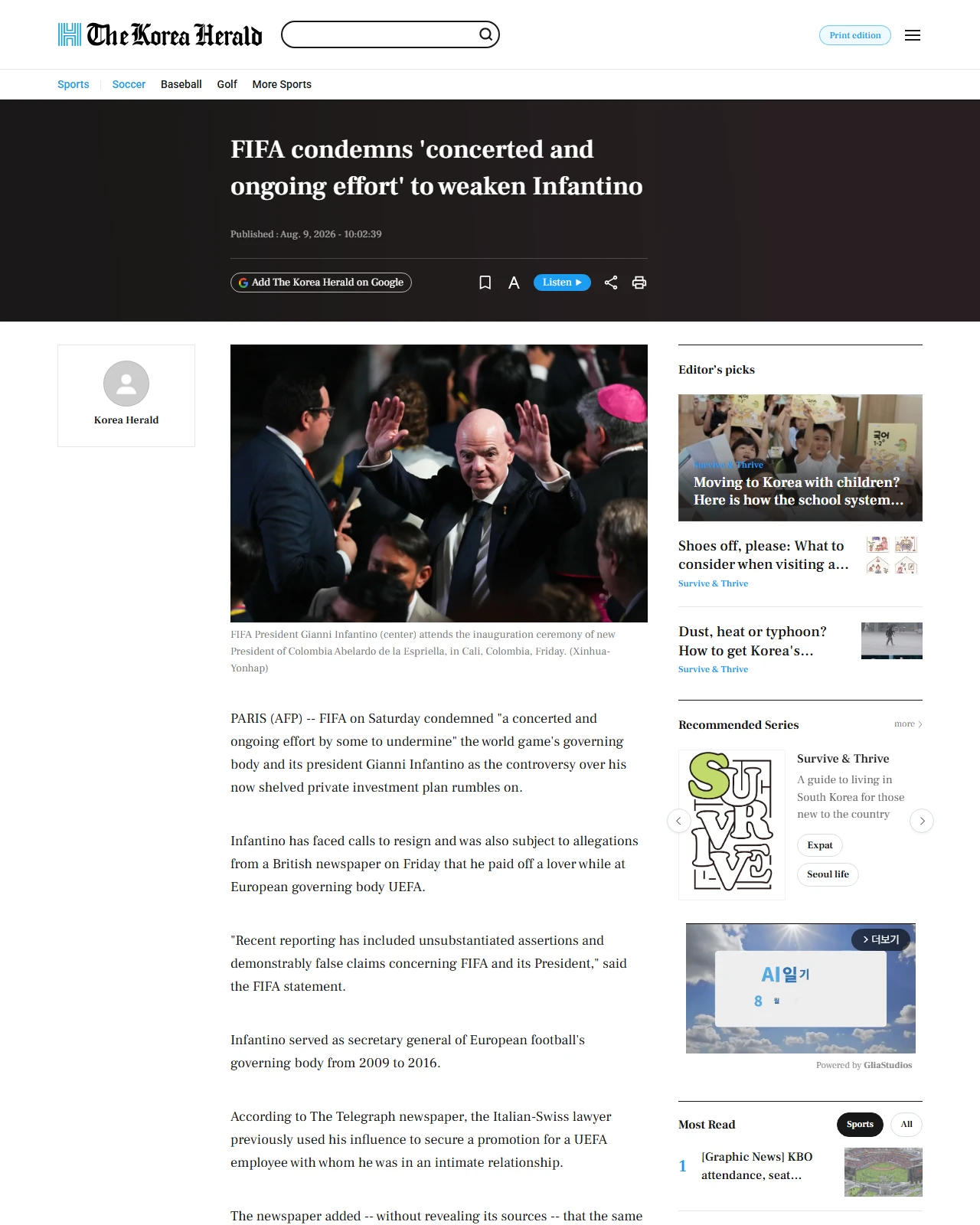 koreaherald.com as published: FIFA condemns 'concerted and ongoing effort' to weaken Infantino