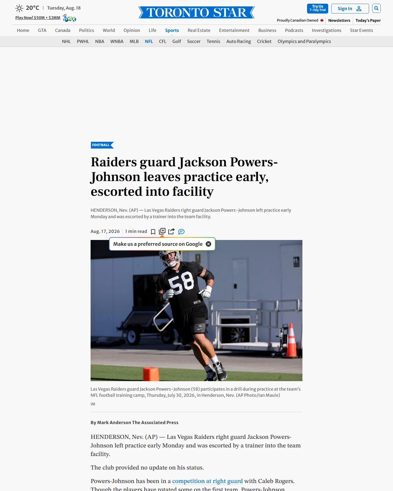 thestar.com as published: Raiders guard Jackson Powers-Johnson leaves practice early, escorted into facility