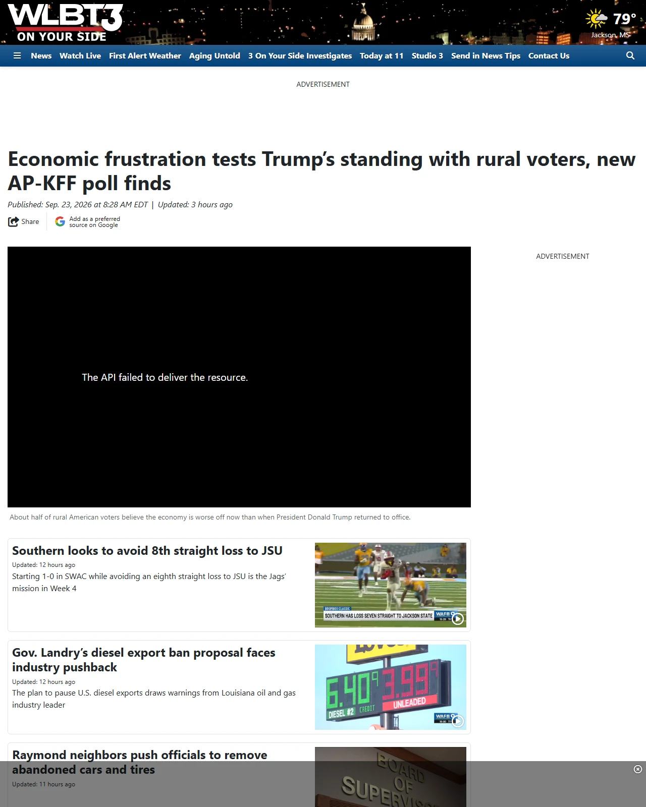 wlbt.com as published: Economic frustration tests Trump’s standing with rural voters, new AP-KFF poll finds