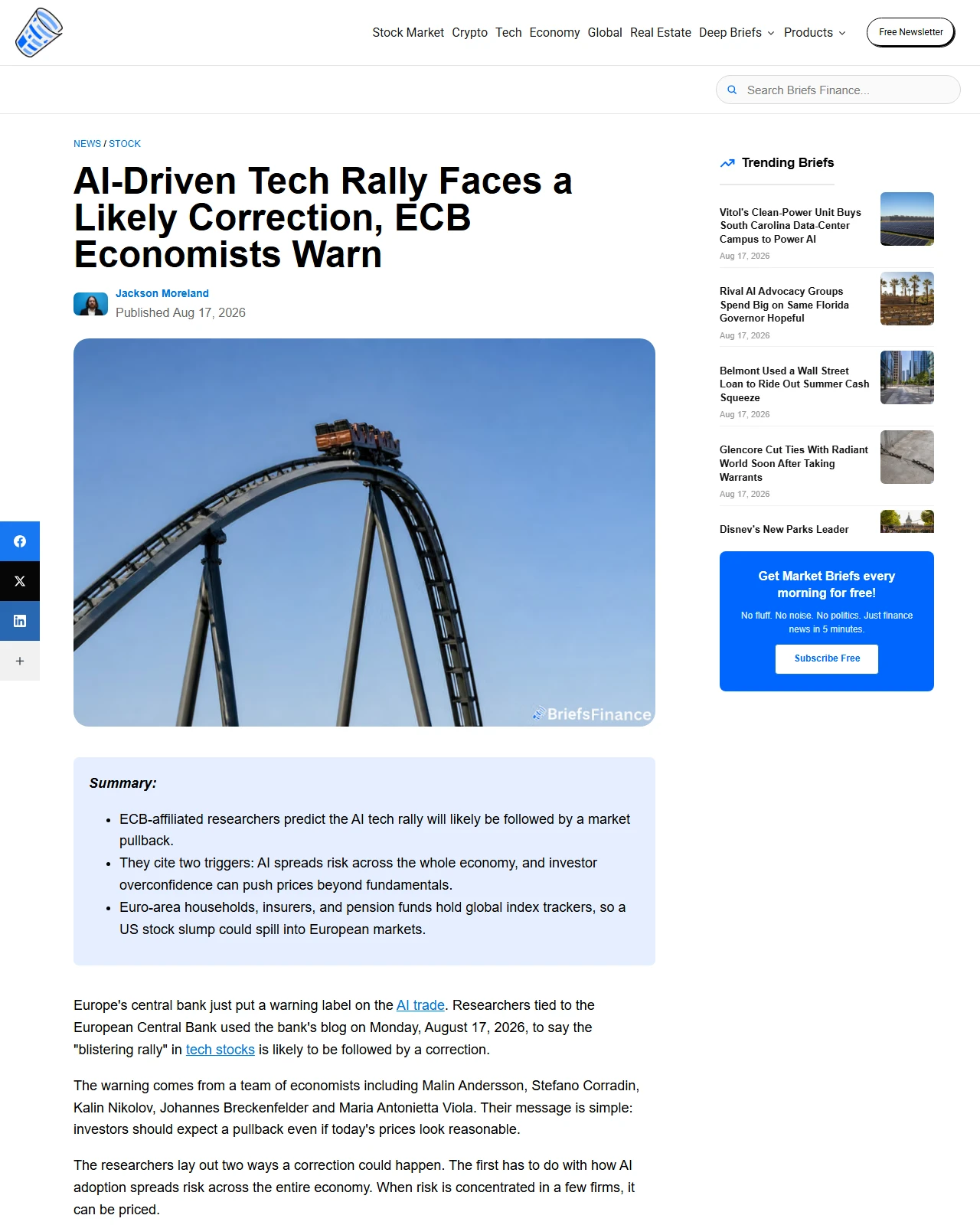 briefs.co as published: ECB Economists Warn AI Tech Rally Could End in Correction
