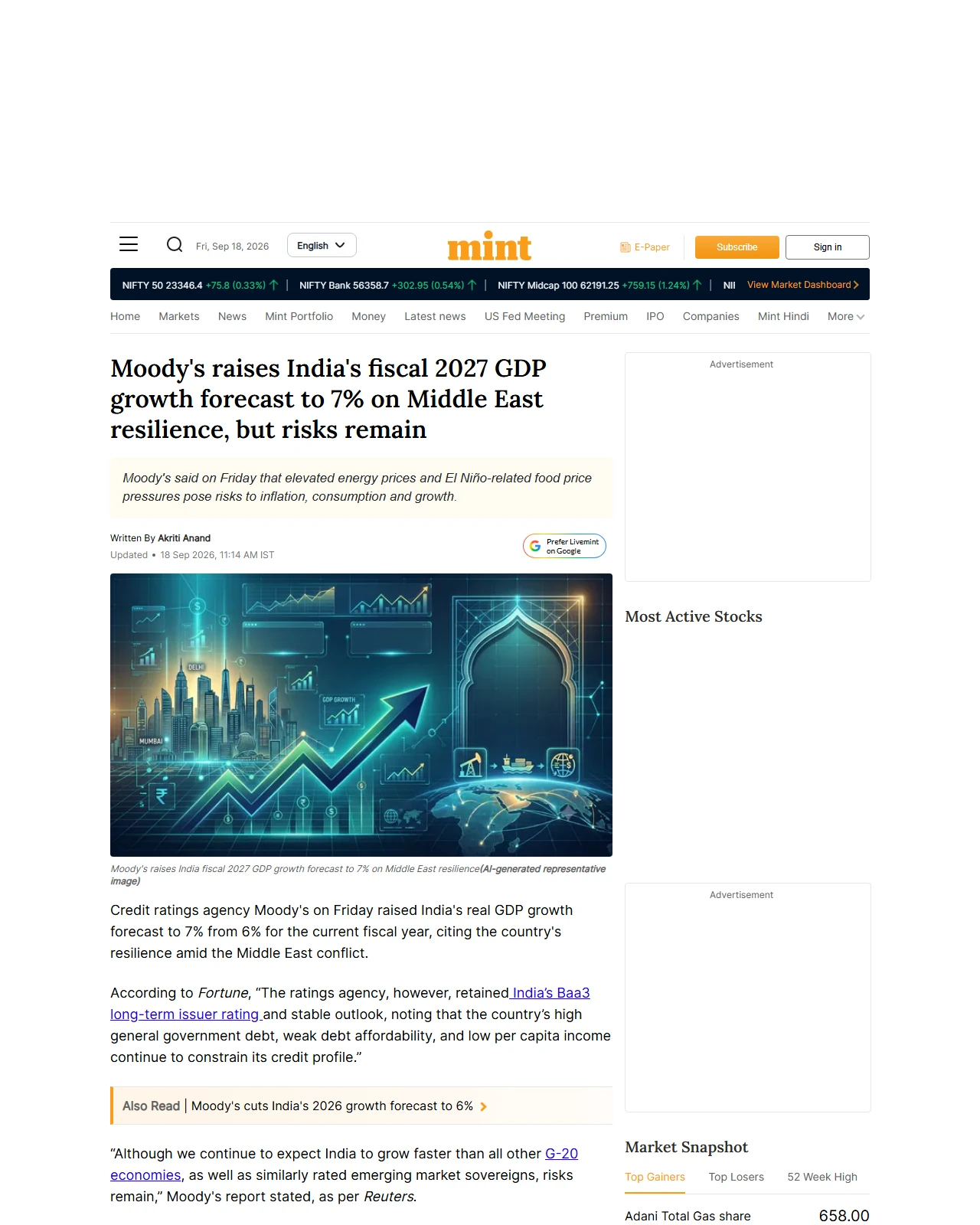 livemint.com as published: Moody's raises India's fiscal 2027 GDP growth forecast to 7% on Middle East resilience, but risks remain