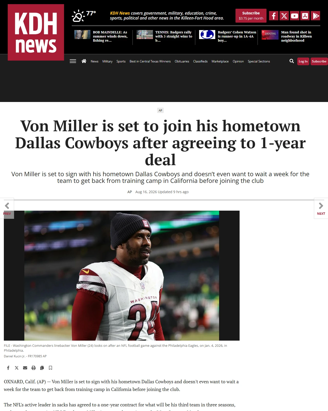 kdhnews.com as published: Von Miller is set to join his hometown Dallas Cowboys after agreeing to 1-year deal