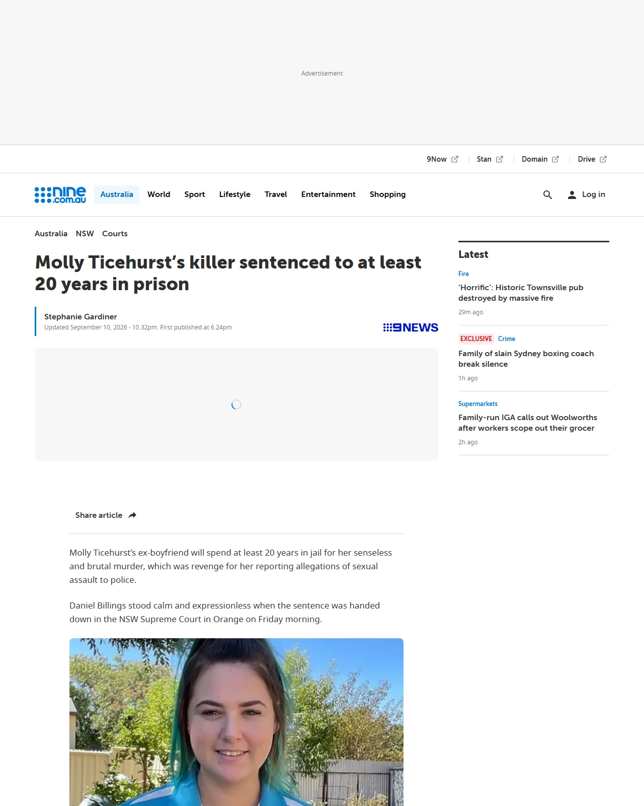 nine.com.au as published: Man who murdered Molly Ticehurst learns his fate