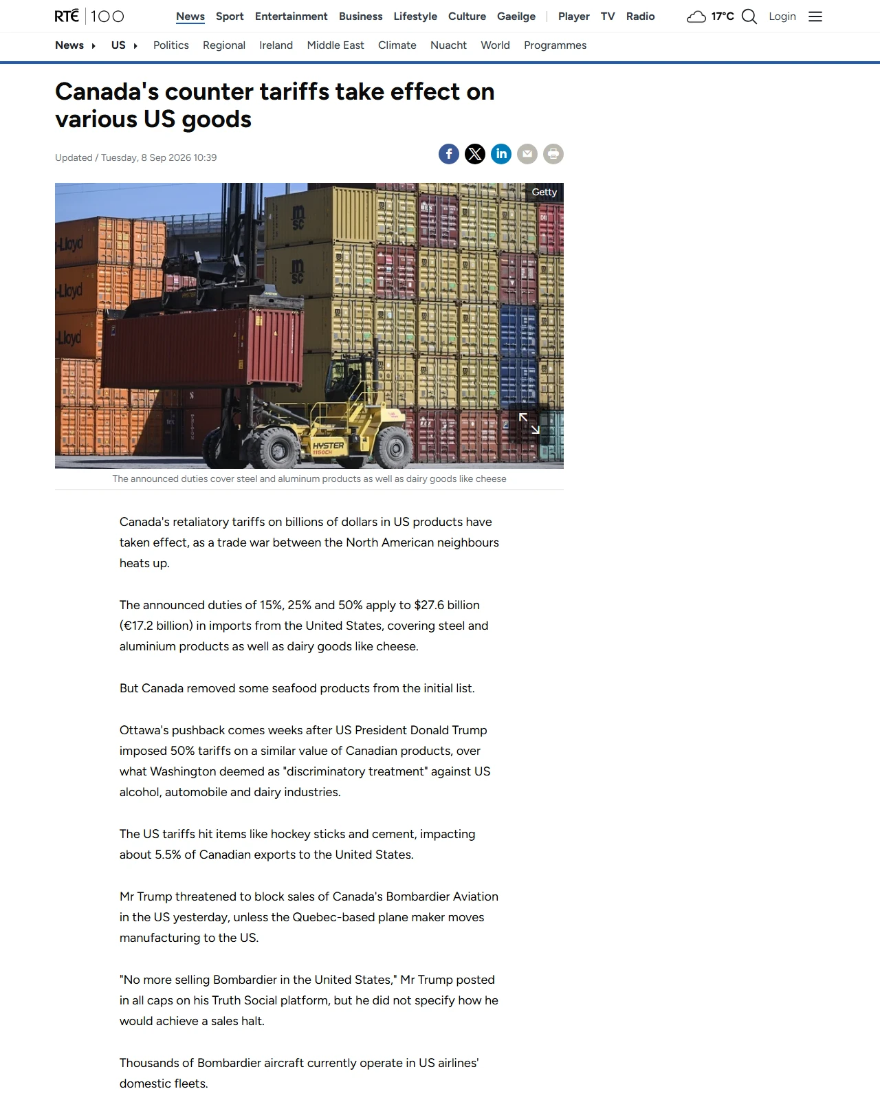 rte.ie as published: Canada's counter tariffs take effect on various US goods