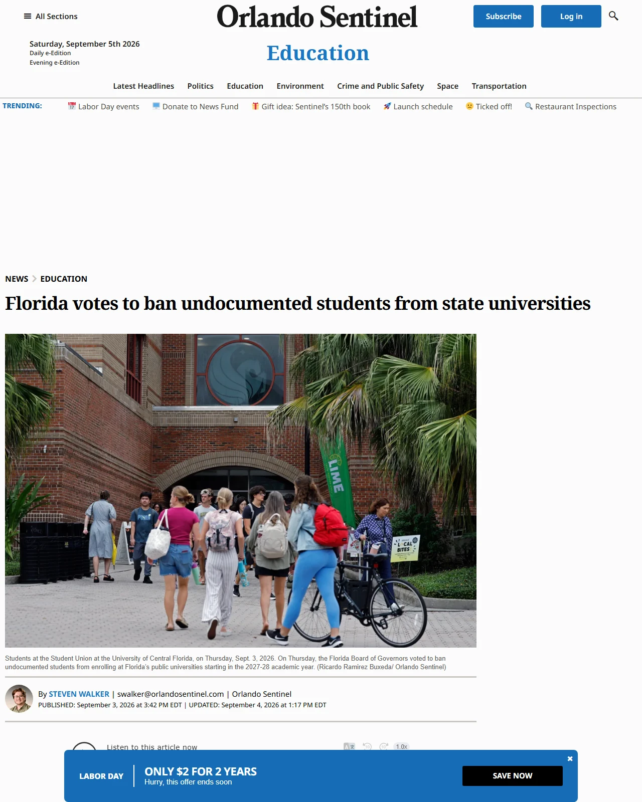orlandosentinel.com as published: Florida votes to ban undocumented students from state universities