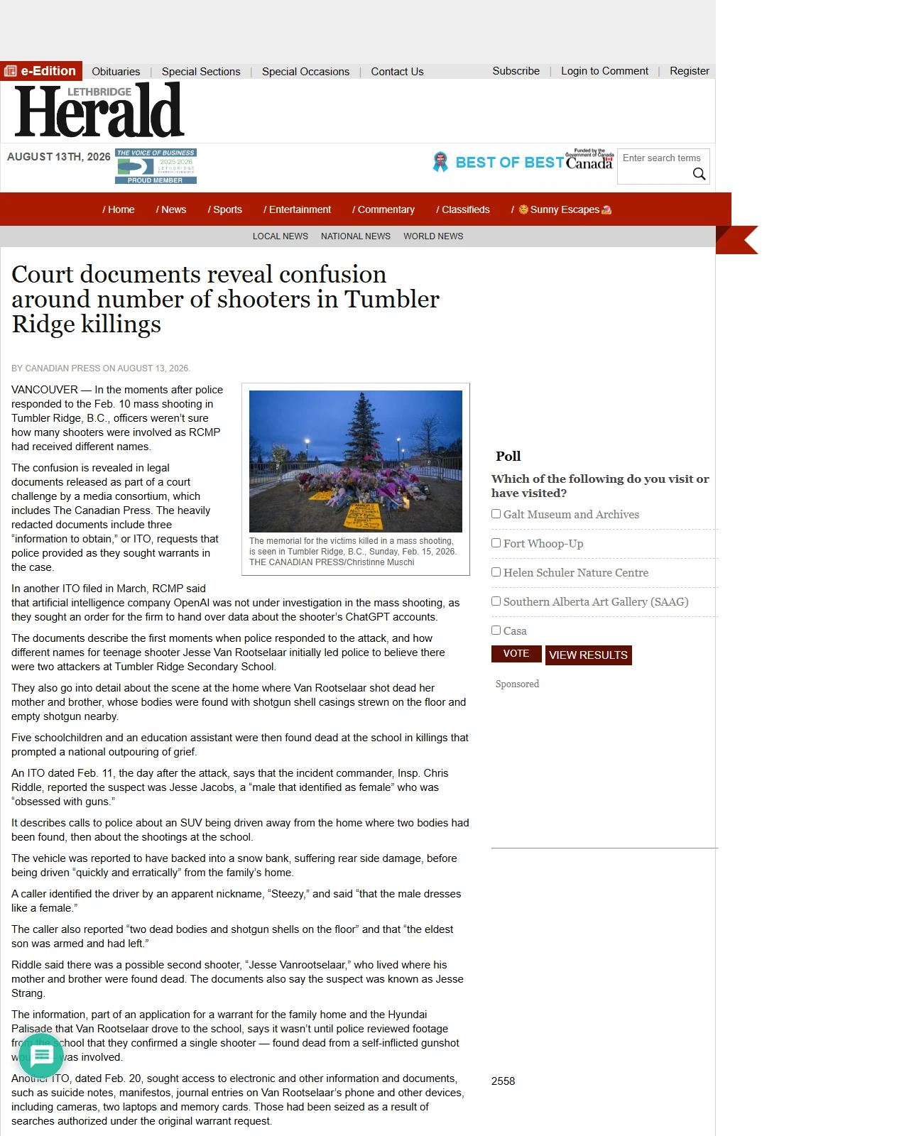 lethbridgeherald.com as published: Court documents reveal confusion around number of shooters in Tumbler Ridge killings