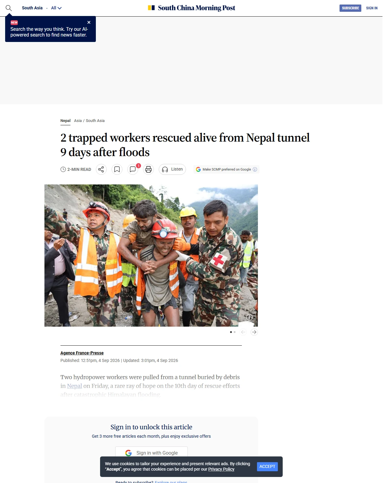scmp.com as published: 2 trapped workers rescued alive from Nepal tunnel 9 days after floods