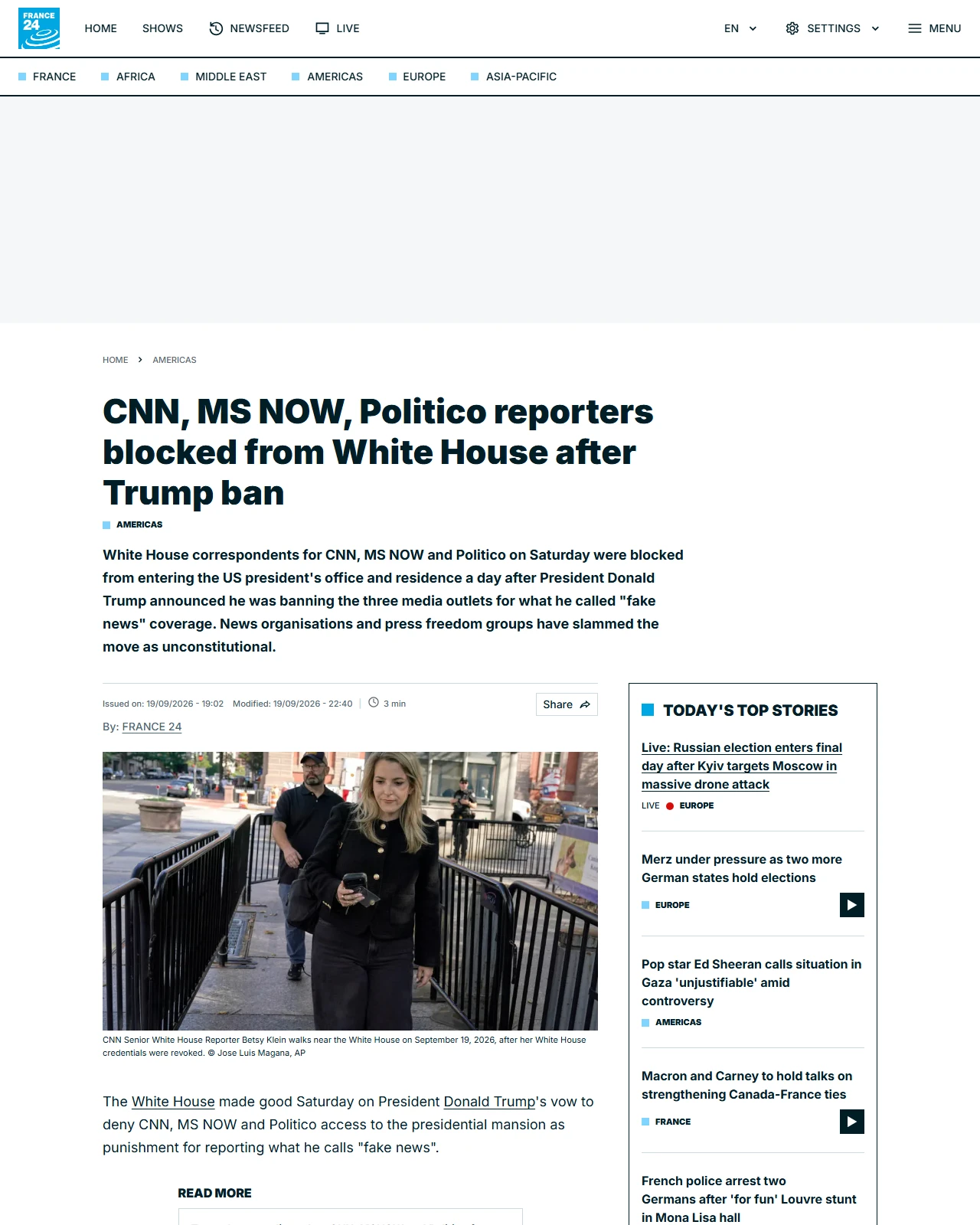 s.france24.com as published: CNN, MS NOW, Politico reporters blocked from White House after Trump ban
