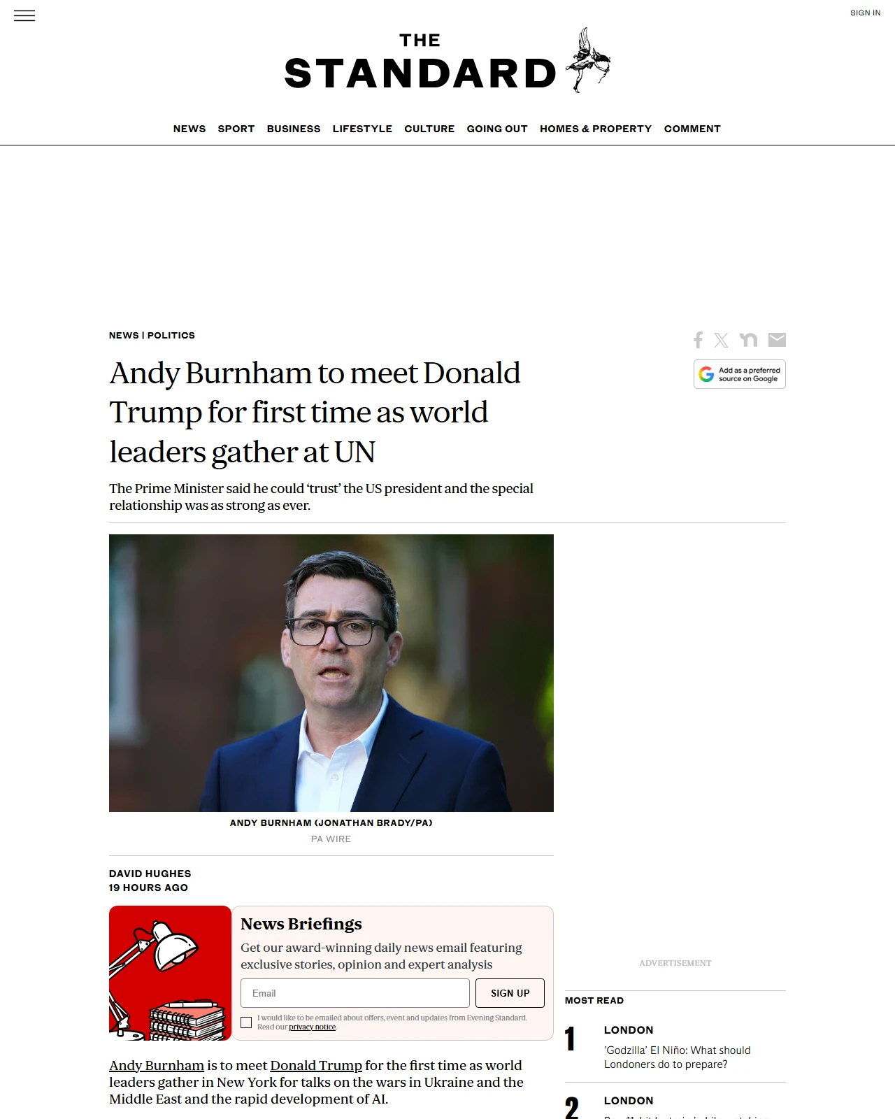 standard.co.uk as published: Andy Burnham to meet Donald Trump for first time as world leaders gather at UN