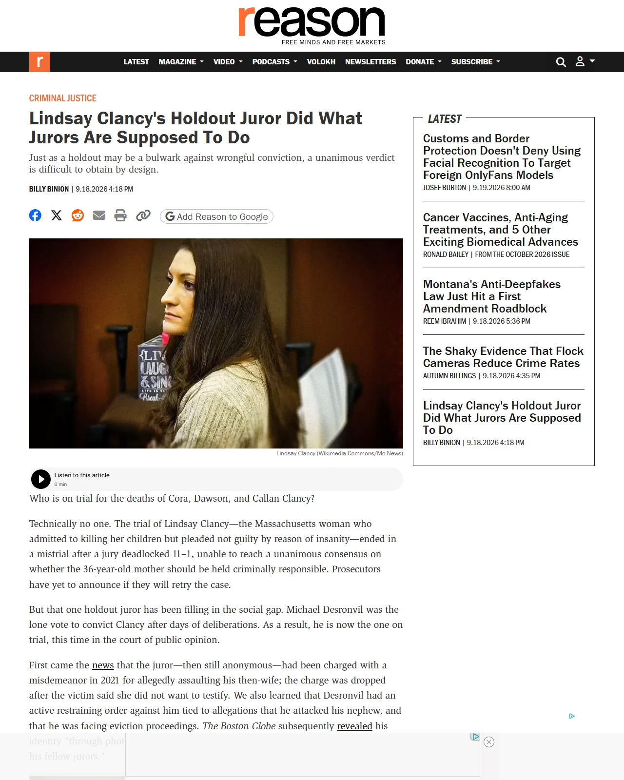 reason.com as published: Lindsay Clancy's Holdout Juror Did What Jurors Are Supposed To Do