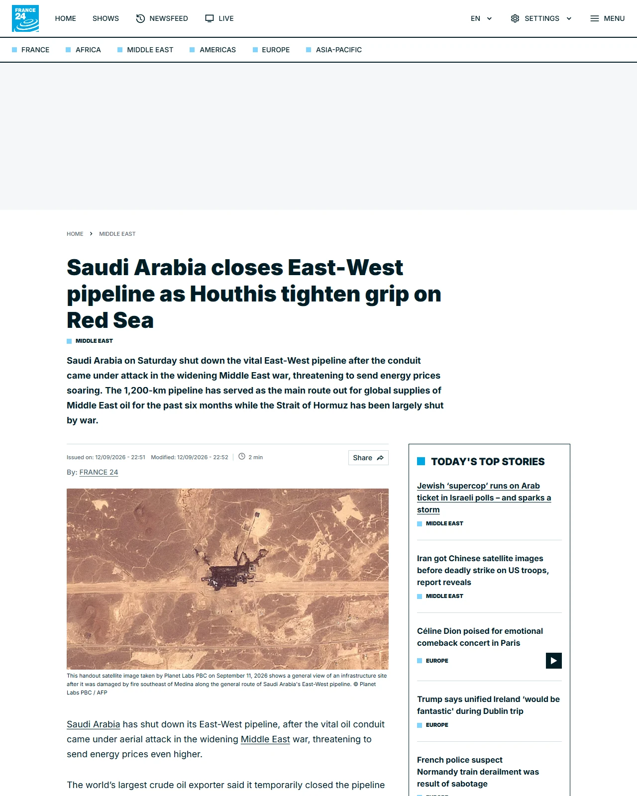 france24.com as published: Saudi Arabia closes East-West pipeline as Houthis tighten grip on Red Sea