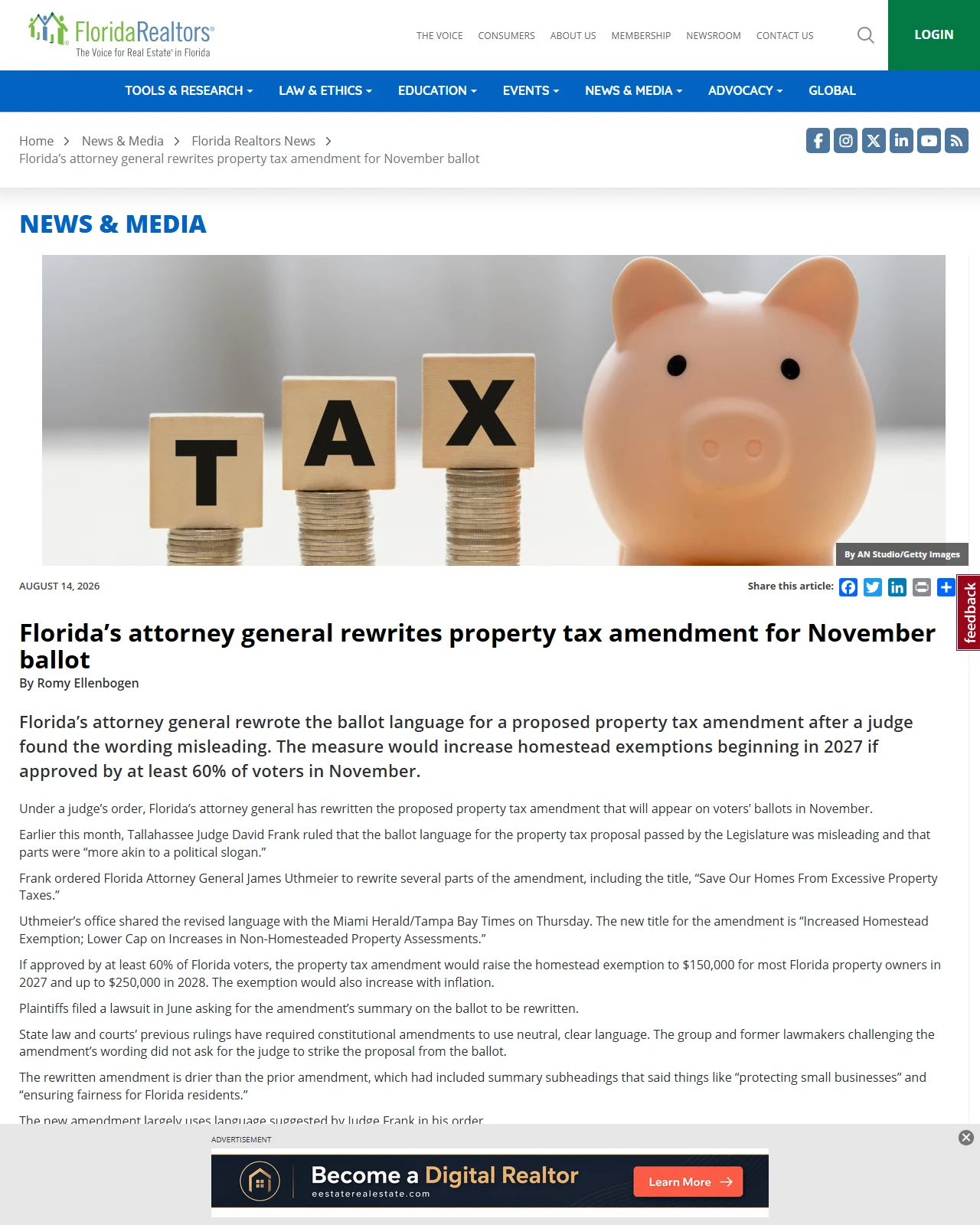 floridarealtors.org as published: Florida’s attorney general rewrites property tax amendment for November ballot