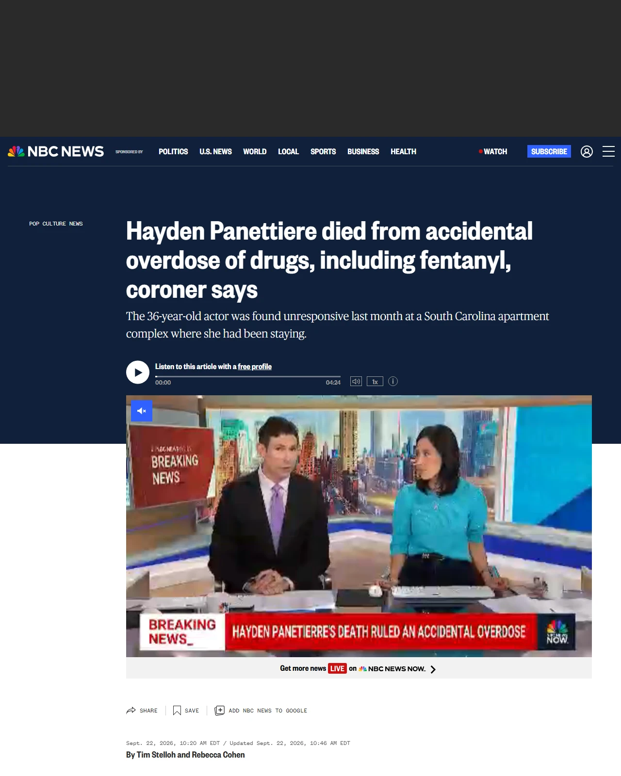 nbcnews.com as published: Hayden Panettiere died from accidental overdose of drugs, including fentanyl, coroner says