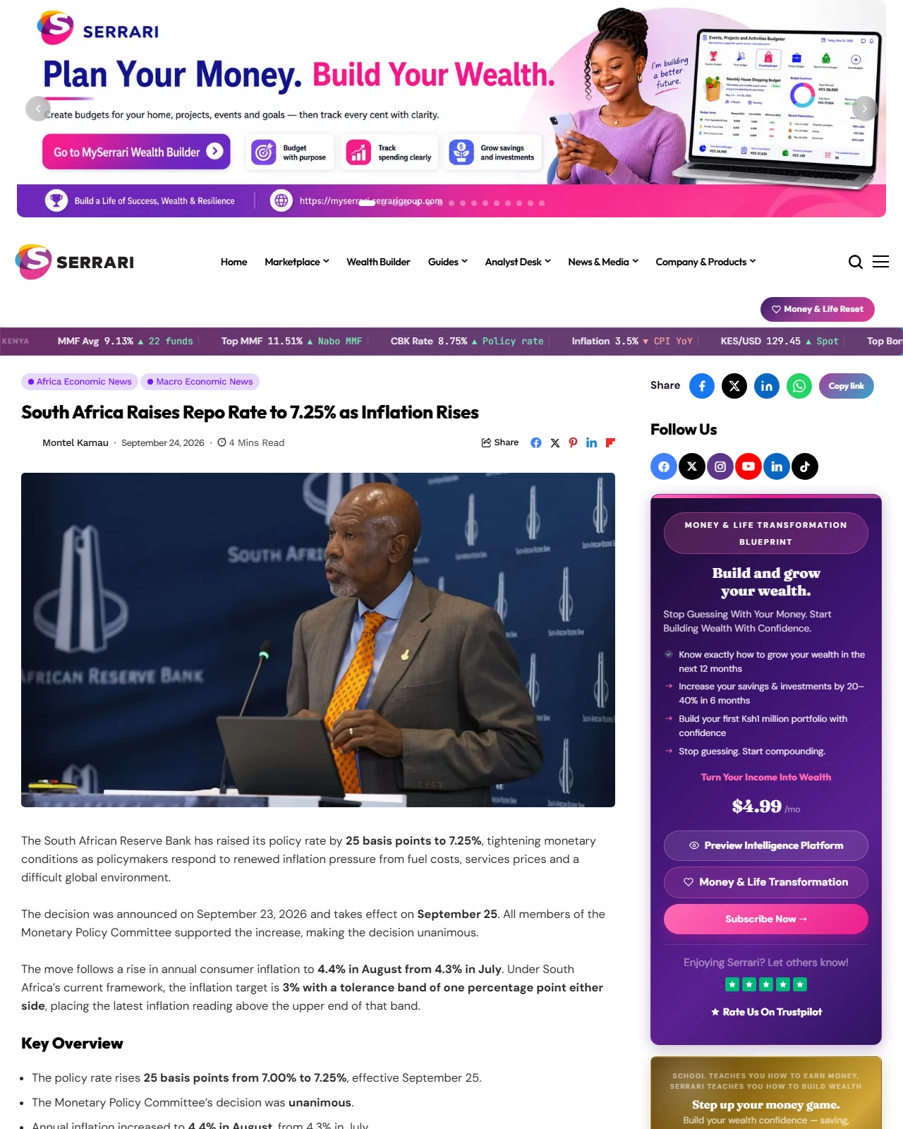 serrarigroup.com as published: South Africa Raises Repo Rate to 7.25% as Inflation Rises