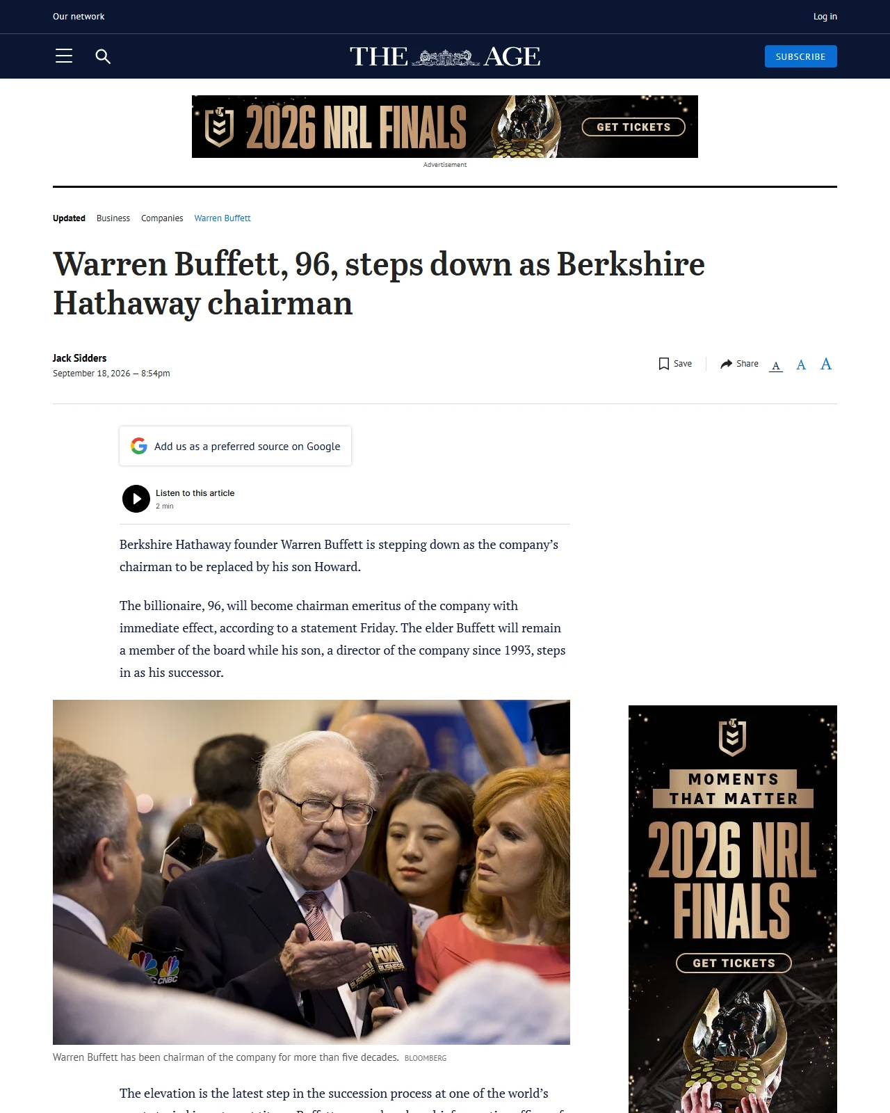 theage.com.au as published: Warren Buffett, 96, steps down as Berkshire Hathaway chairman
