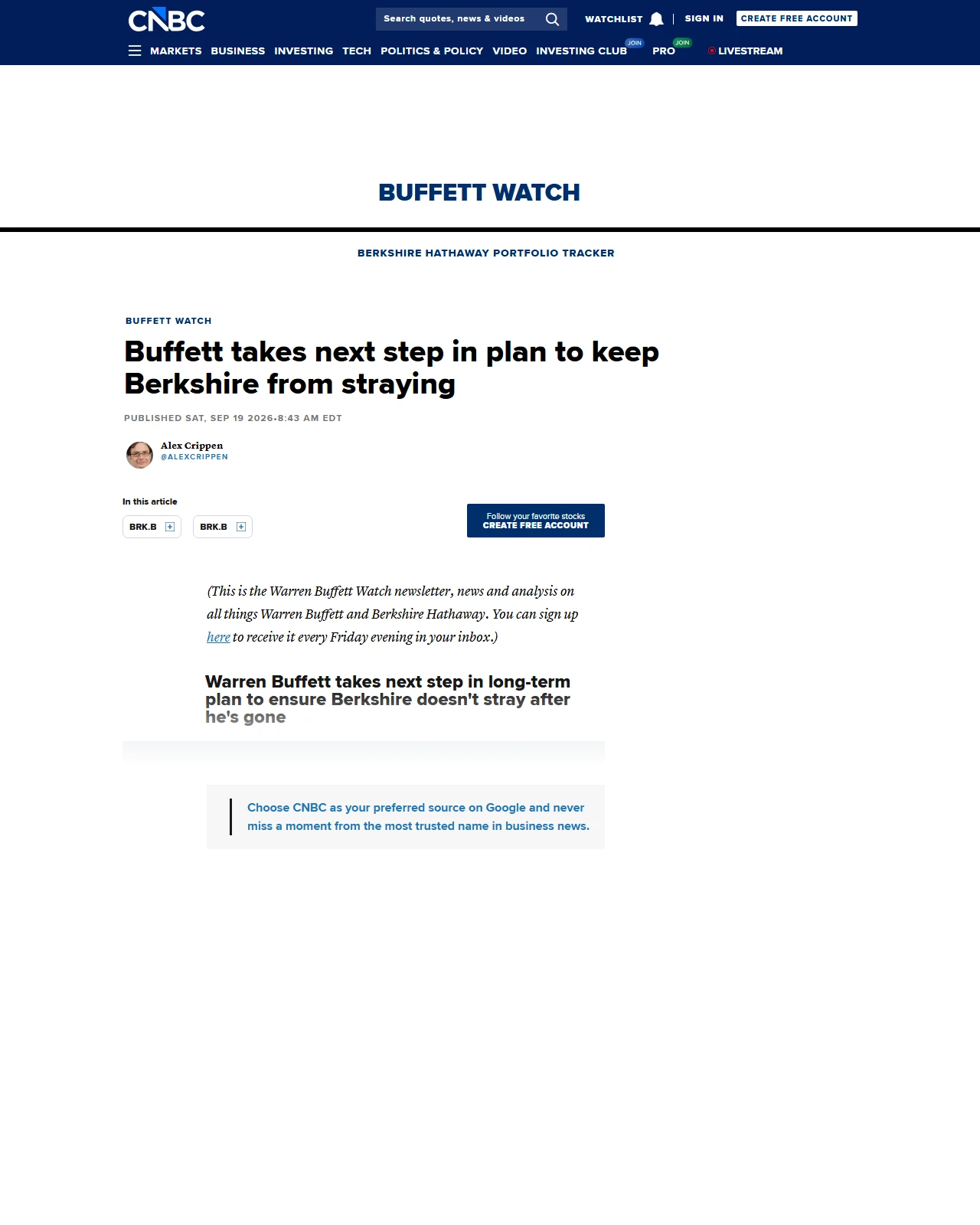 cnbc.com as published: Buffett takes next step in plan to keep Berkshire from straying