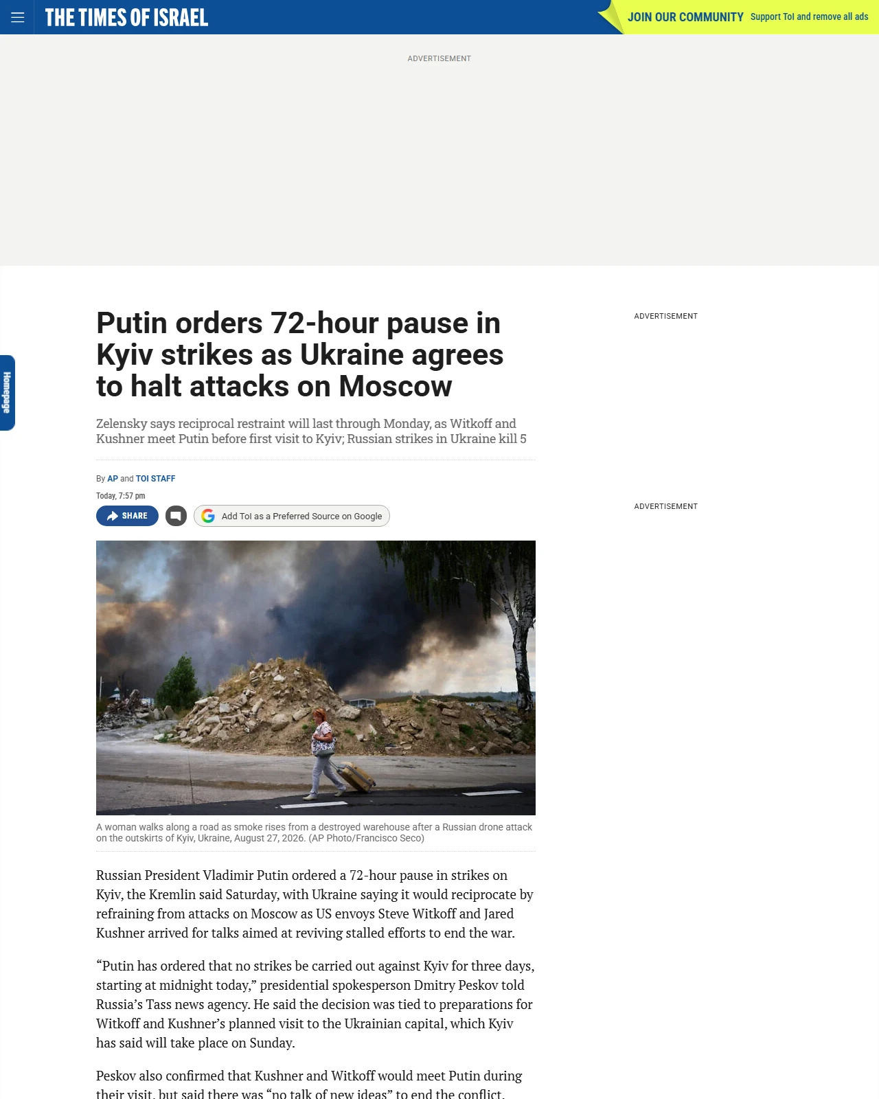 timesofisrael.com as published: Putin orders 72-hour pause in Kyiv strikes as Ukraine agrees to halt attacks on Moscow