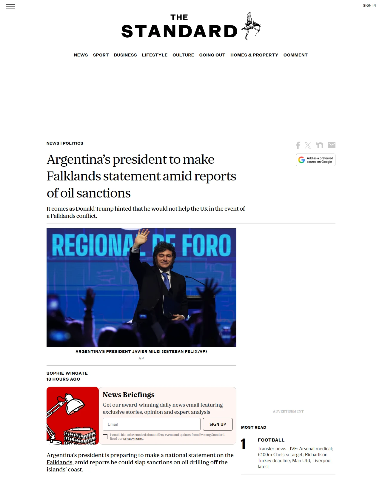 standard.co.uk as published: Argentina’s president to make Falklands statement amid reports of oil sanctions