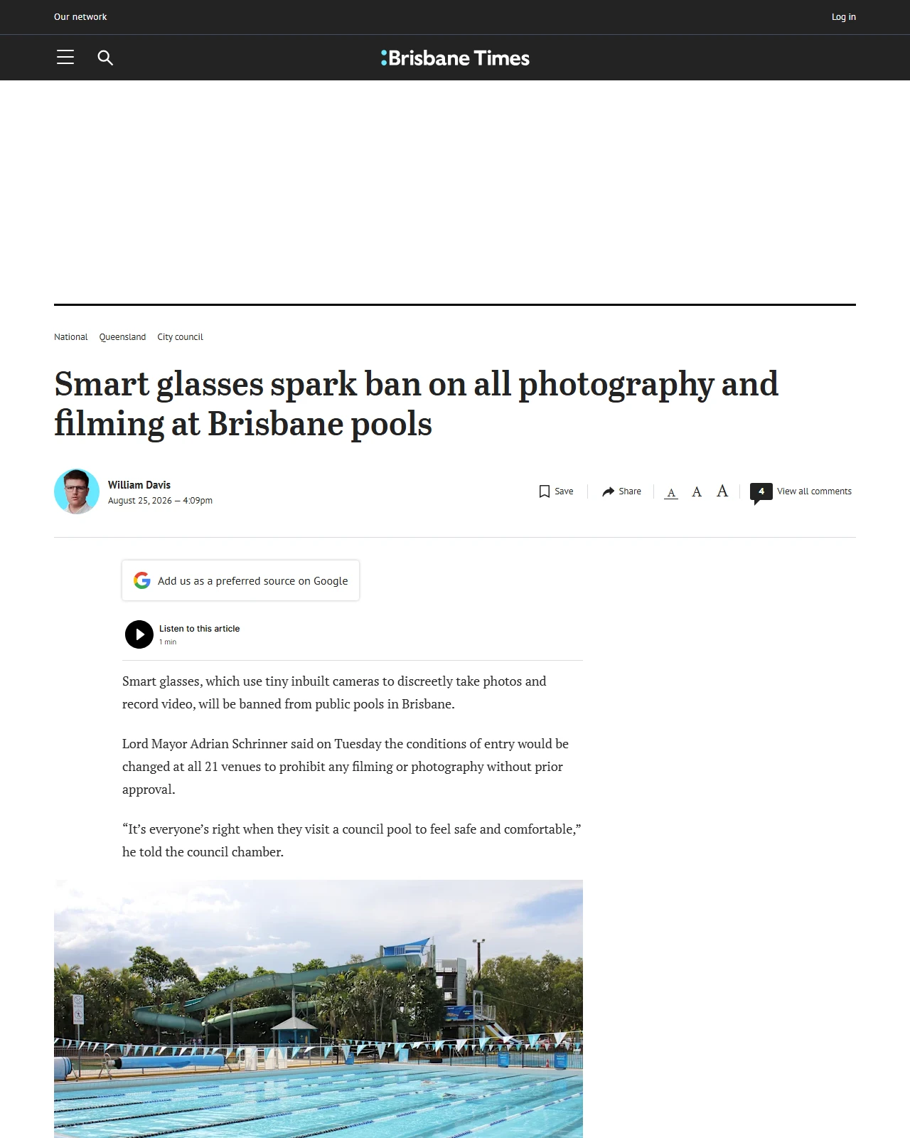 brisbanetimes.com.au as published: Smart glasses spark ban on all photography and filming at Brisbane pools