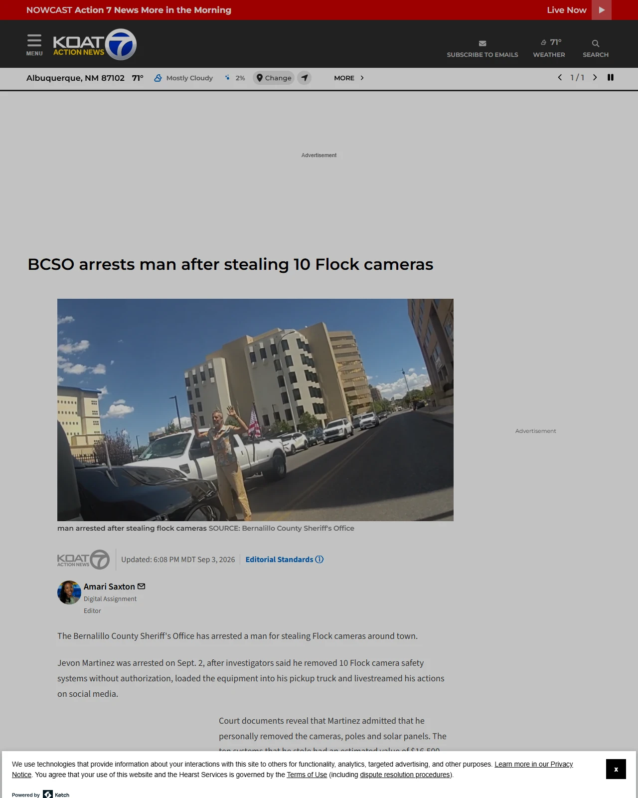 koat.com as published: BCSO arrests man after stealing 10 Flock cameras