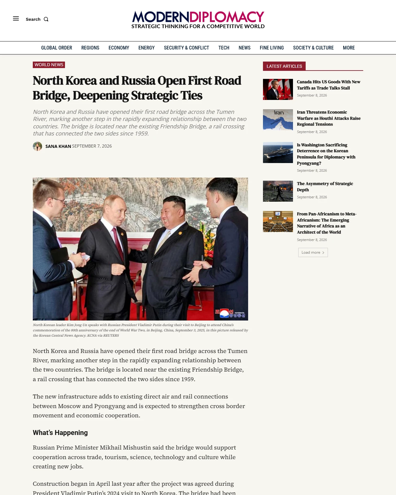 moderndiplomacy.eu as published: North Korea and Russia Open First Road Bridge, Deepening Strategic Ties