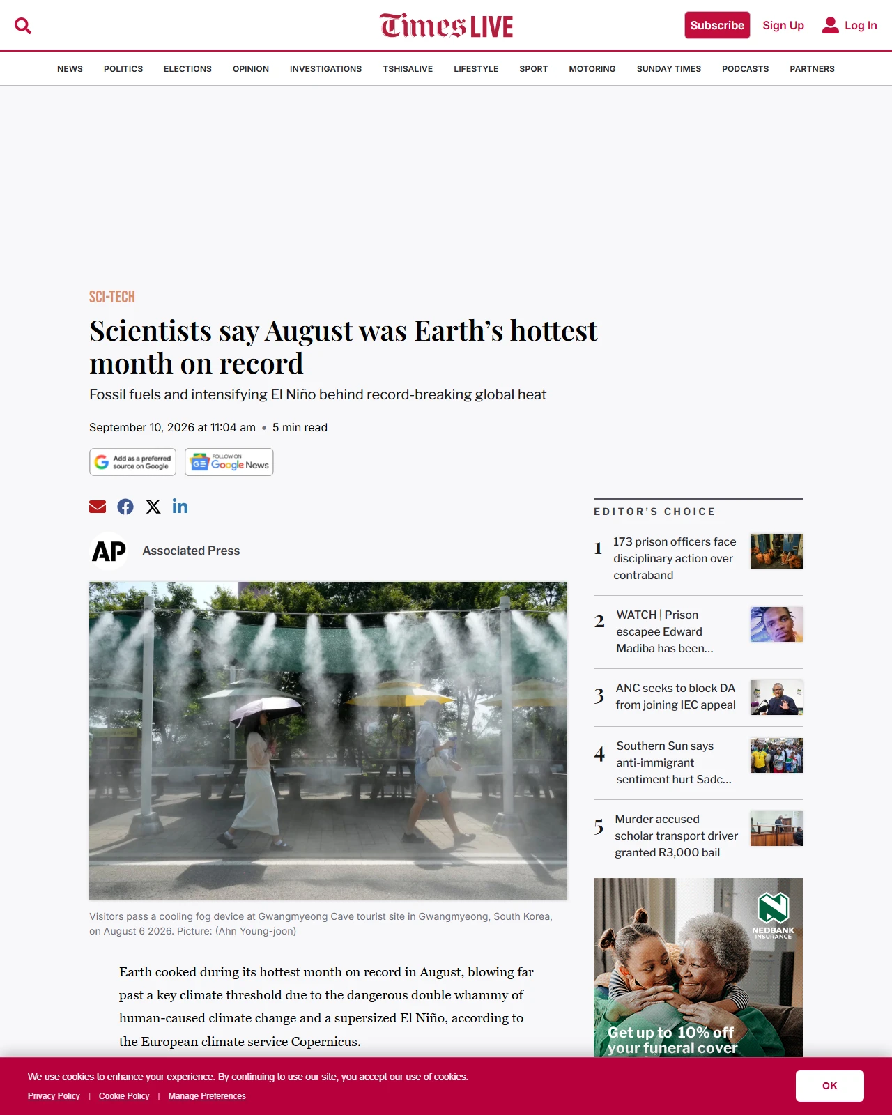 timeslive.co.za as published: Scientists say August was Earth’s hottest month on record