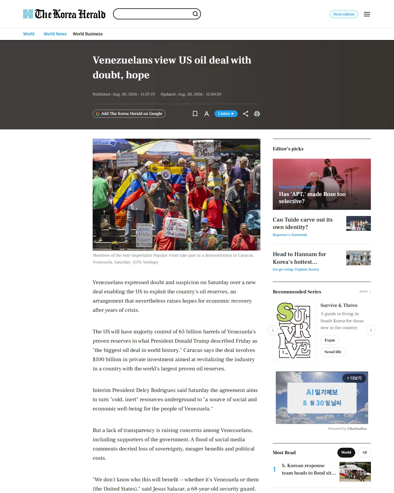 koreaherald.com as published: Venezuelans view US oil deal with doubt, hope