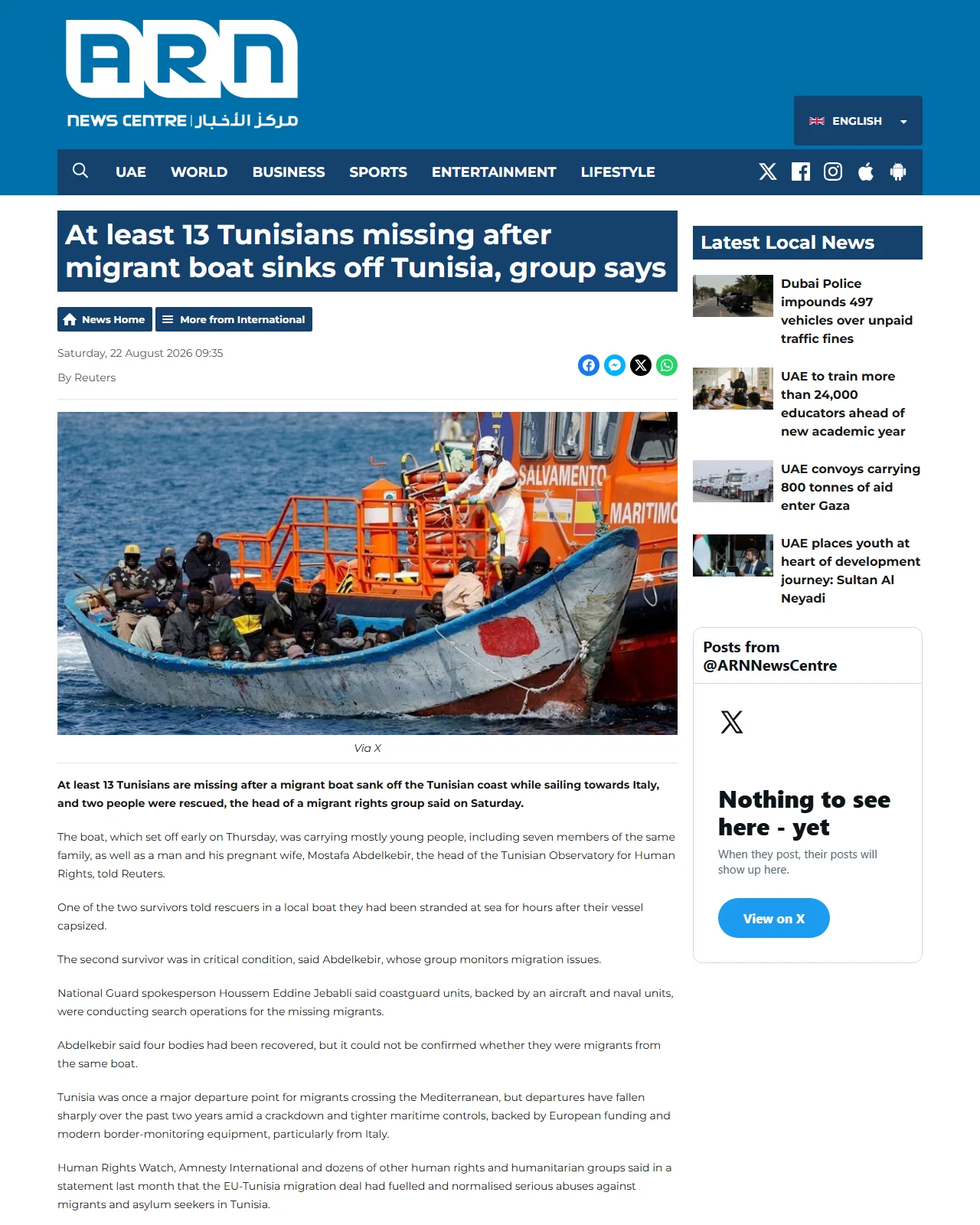 arnnewscentre.ae as published: At least 13 Tunisians missing after migrant boat sinks off Tunisia, group says