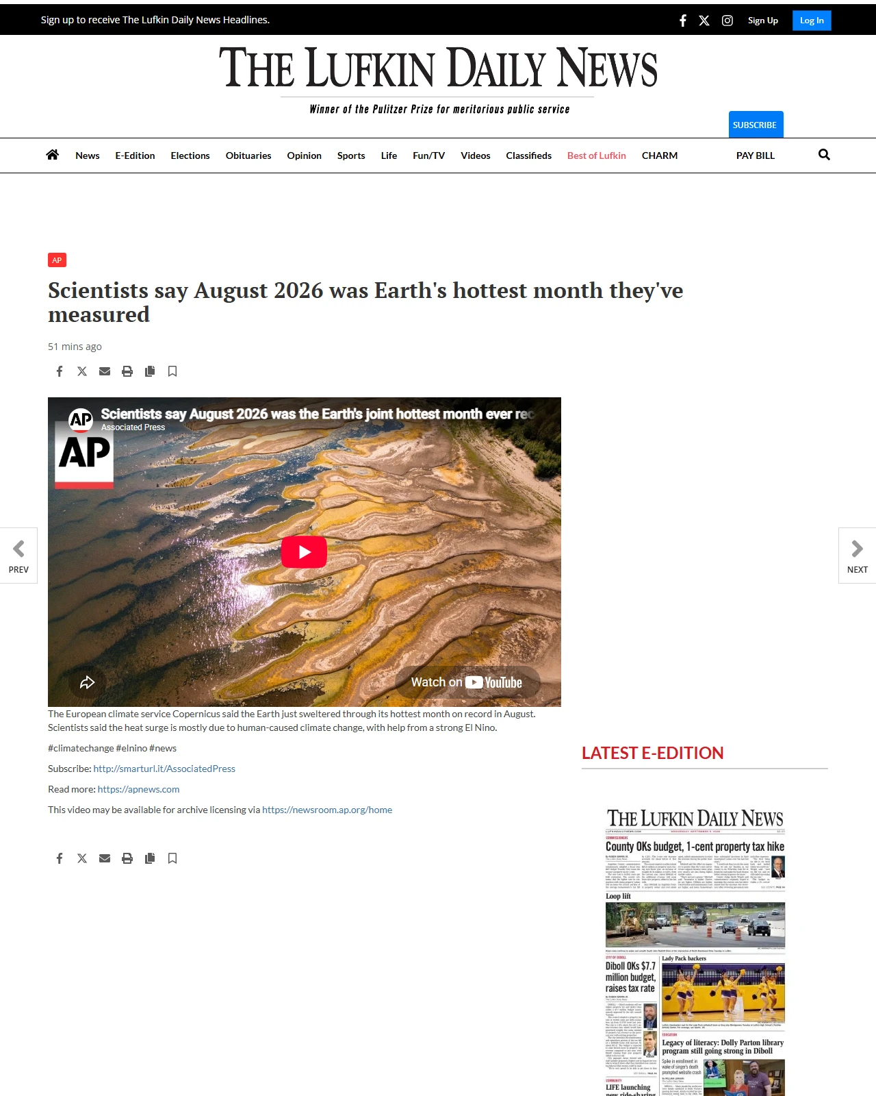 lufkindailynews.com as published: Scientists say August 2026 was Earth's hottest month they've measured