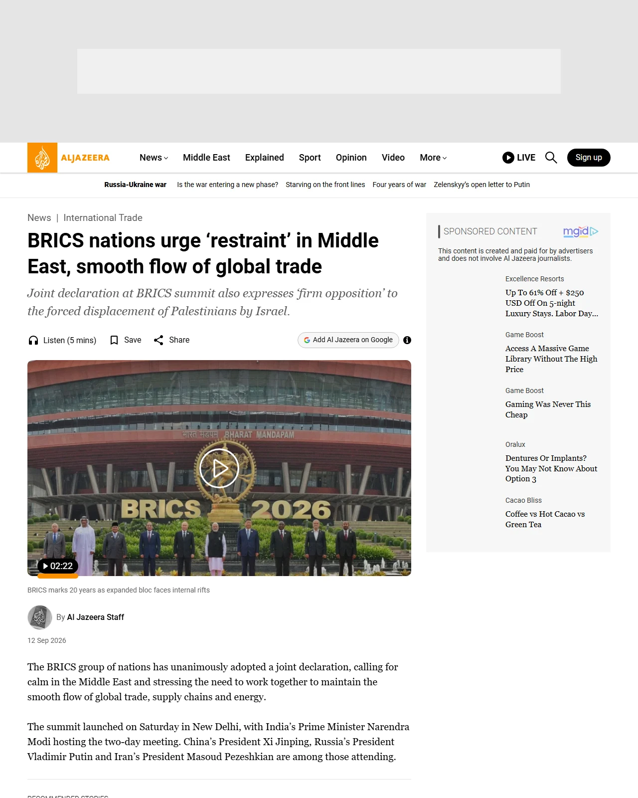 aljazeera.com as published: BRICS nations urge ‘restraint’ in Middle East, smooth flow of global trade