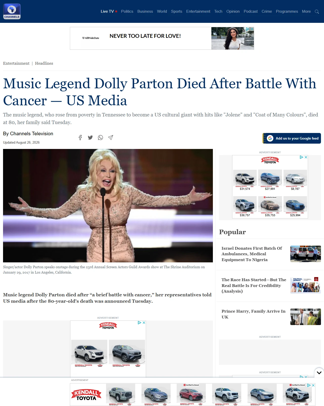 channelstv.com as published: Music Legend Dolly Parton Died After Battle With Cancer — US Media