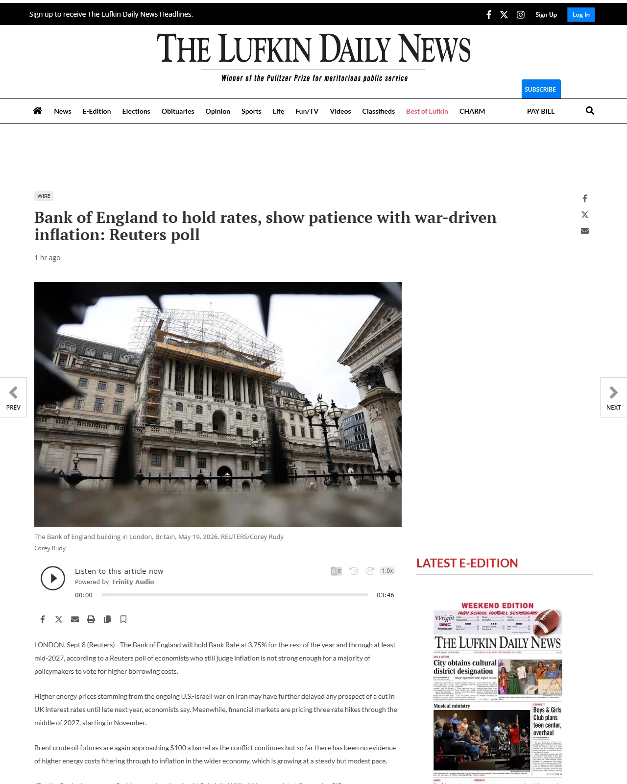 lufkindailynews.com as published: Bank of England to hold rates, show patience with war-driven inflation: Reuters poll