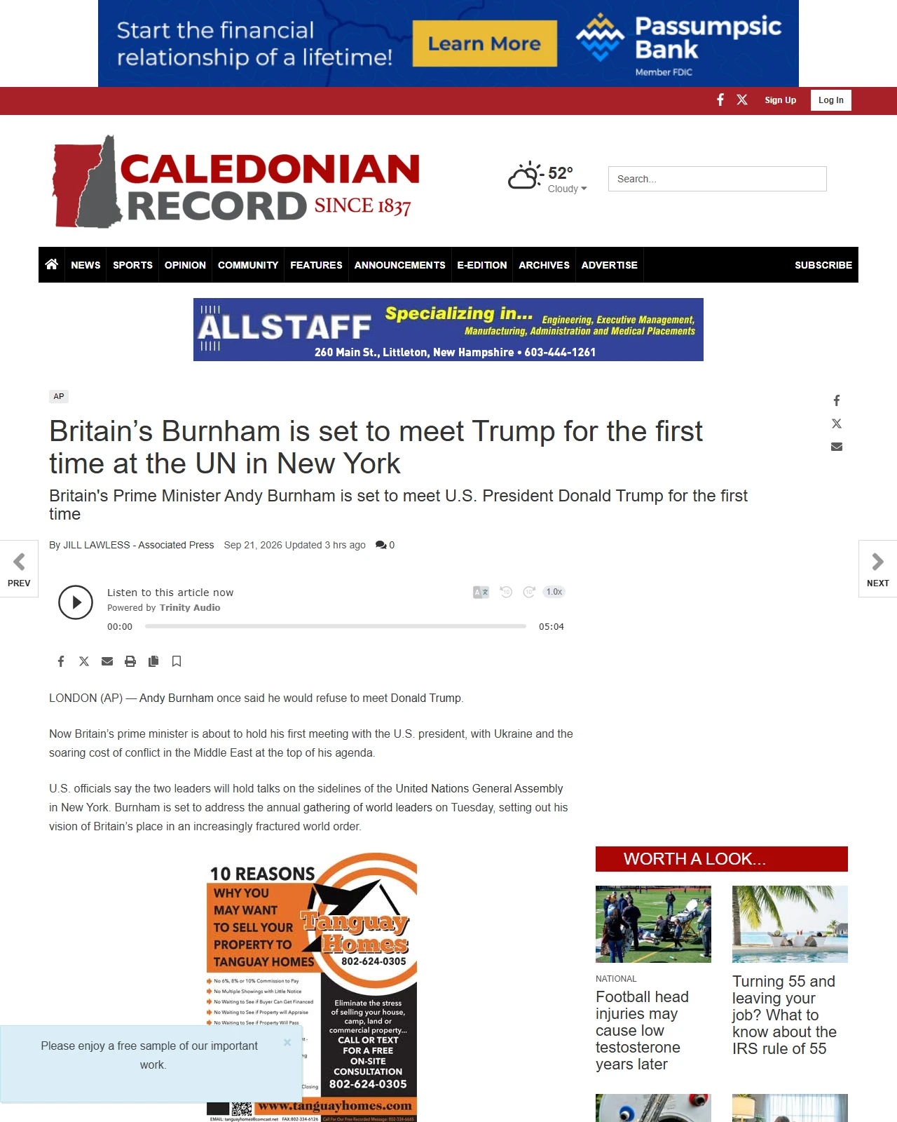 caledonianrecord.com as published: Britain’s Burnham is set to meet Trump for the first time at the UN in New York