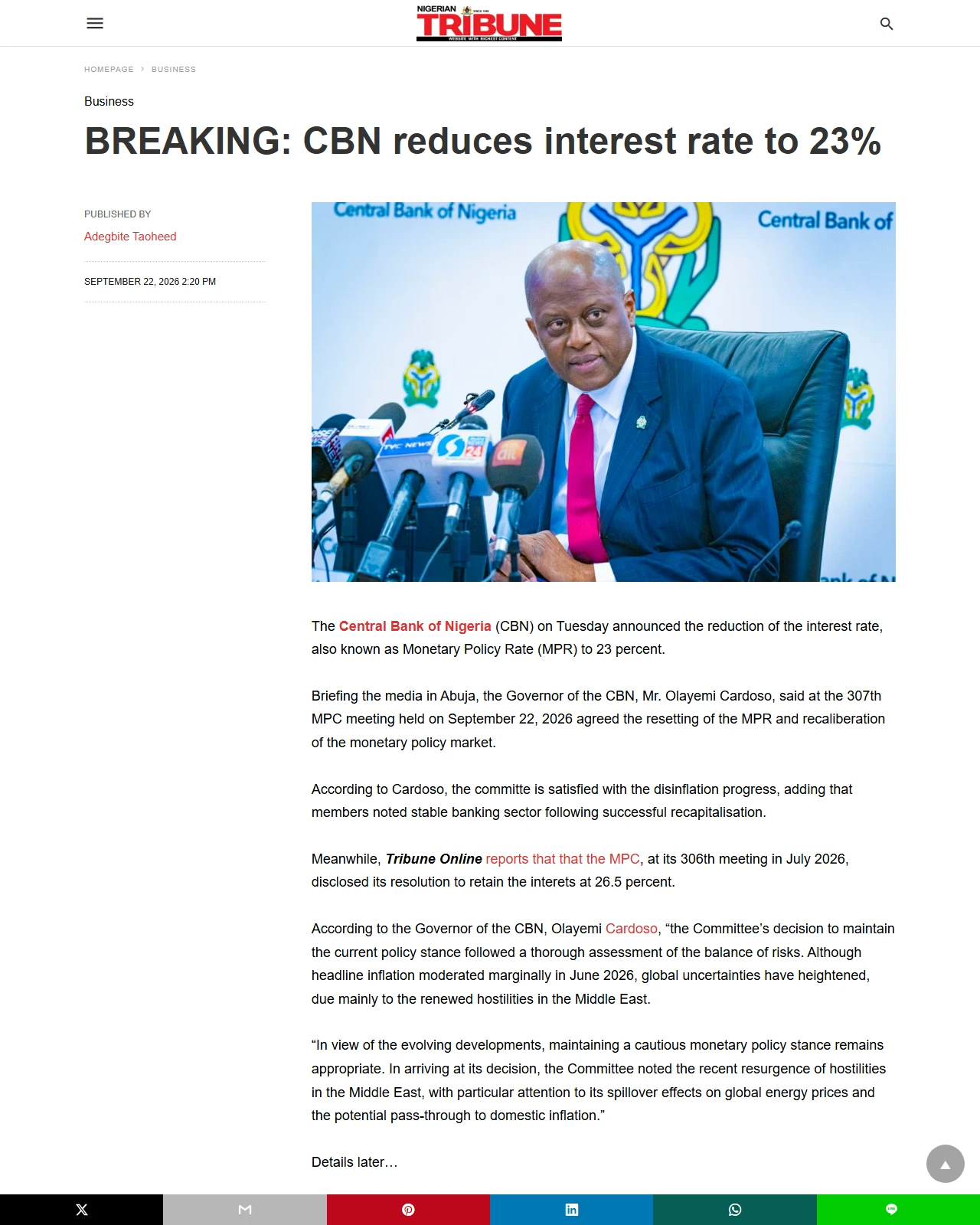 tribuneonlineng.com as published: BREAKING: CBN reduces interest rate to 23%