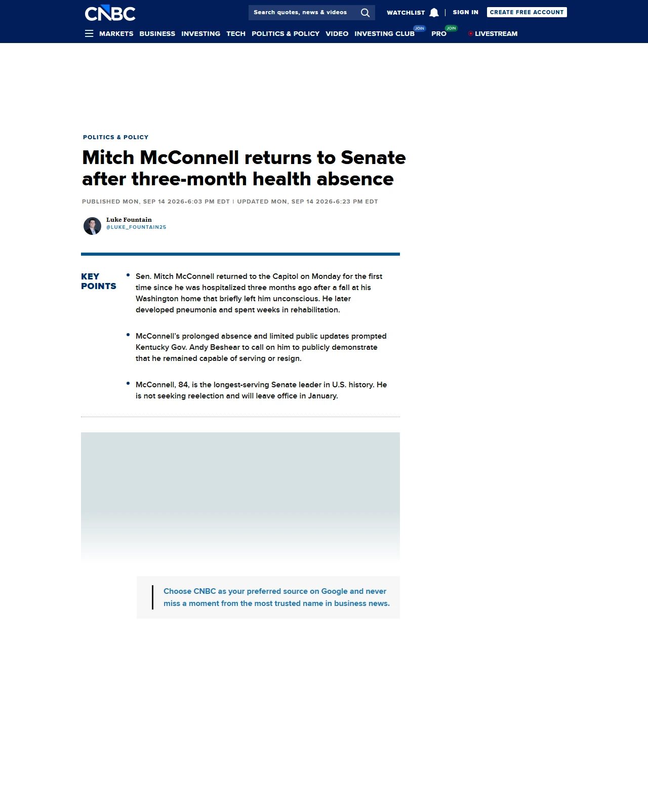 cnbc.com as published: Mitch McConnell returns to Senate after three-month health absence