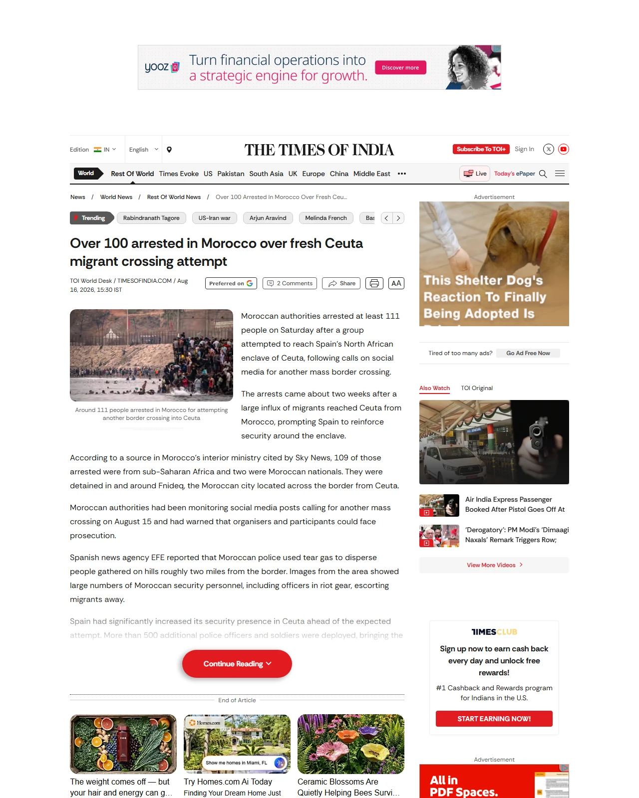 timesofindia.indiatimes.com as published: Over 100 arrested in Morocco over fresh Ceuta migrant crossing attempt