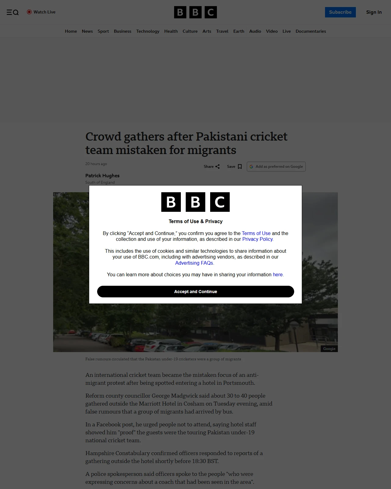 bbc.com as published: Crowd gathers outside hotel containing Pakistan under-19 cricket team