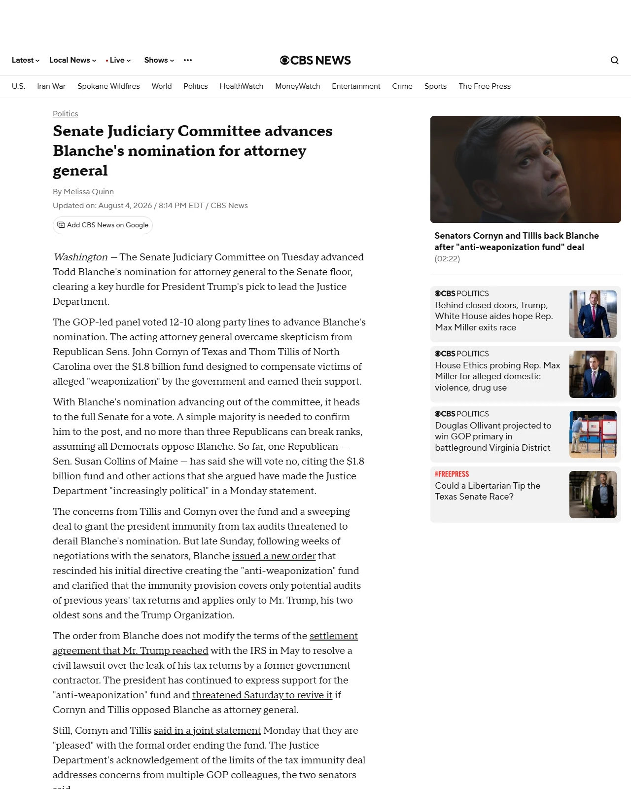 cbsnews.com as published: Senate Judiciary Committee advances Blanche's nomination for attorney general