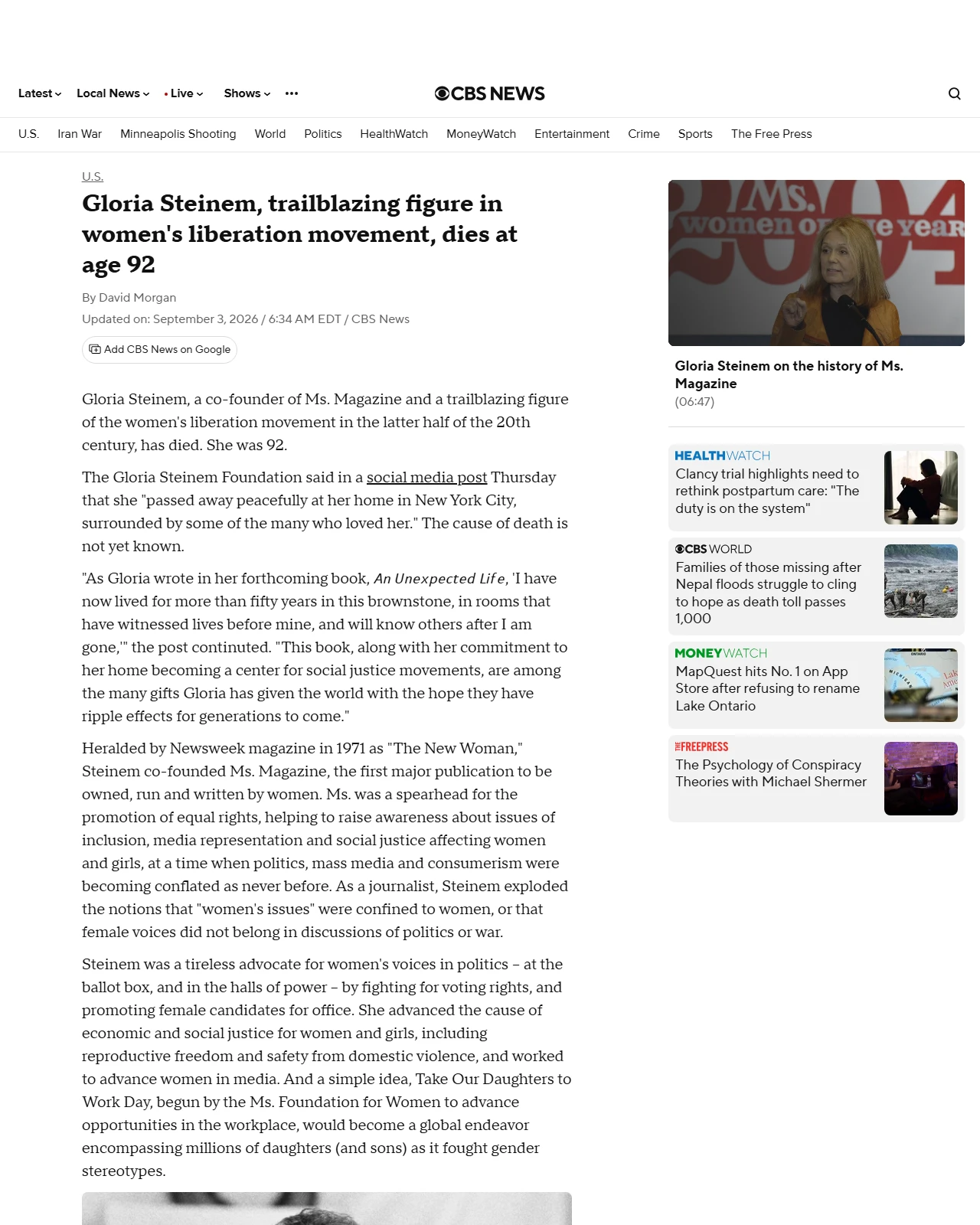 cbsnews.com as published: Gloria Steinem, trailblazing figure in women's liberation movement, dies at 92